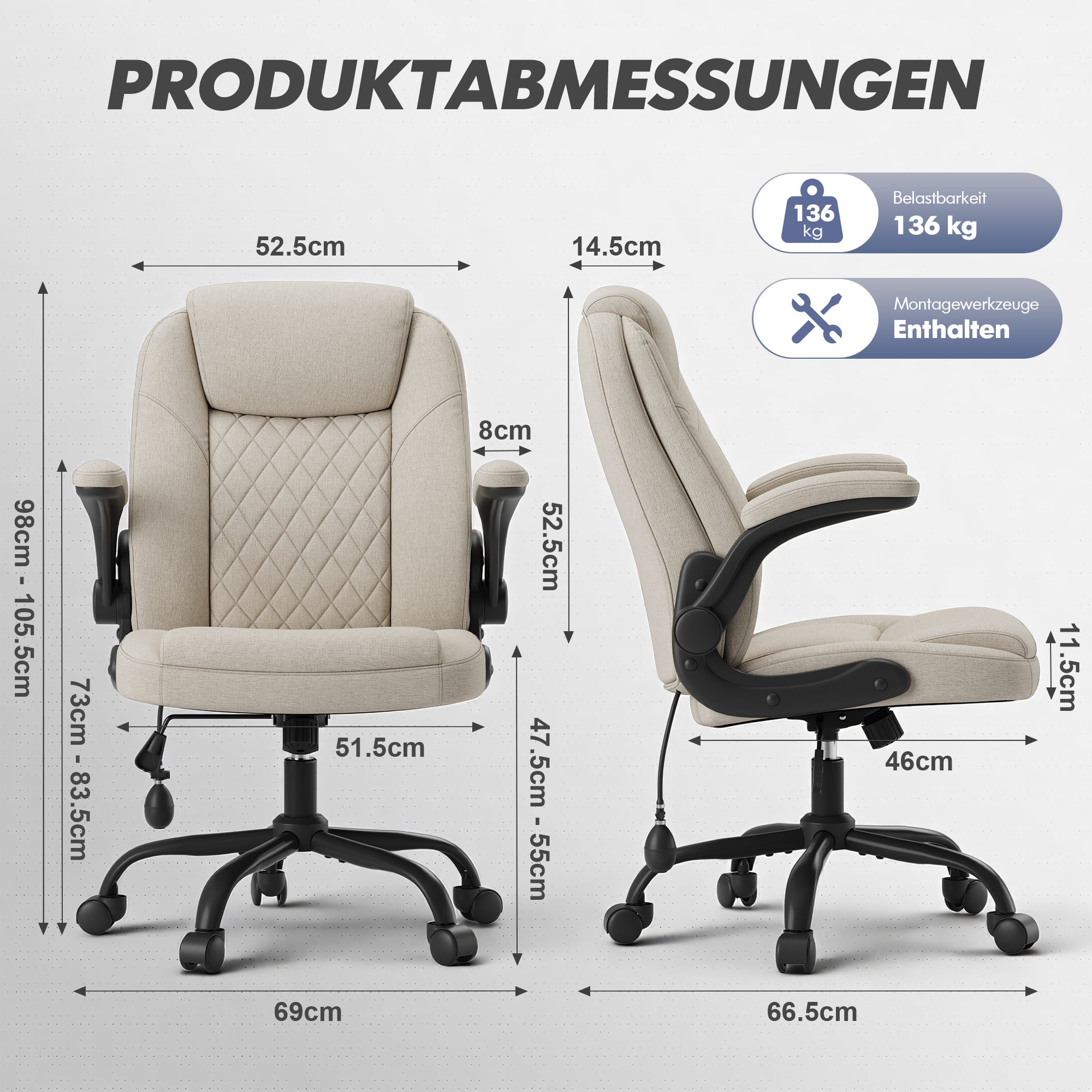 Diagramm mit Produktabmessungen und Maßen für einen beigefarbenen Bürostuhl mit schwarzen Armlehnen und Rollen.