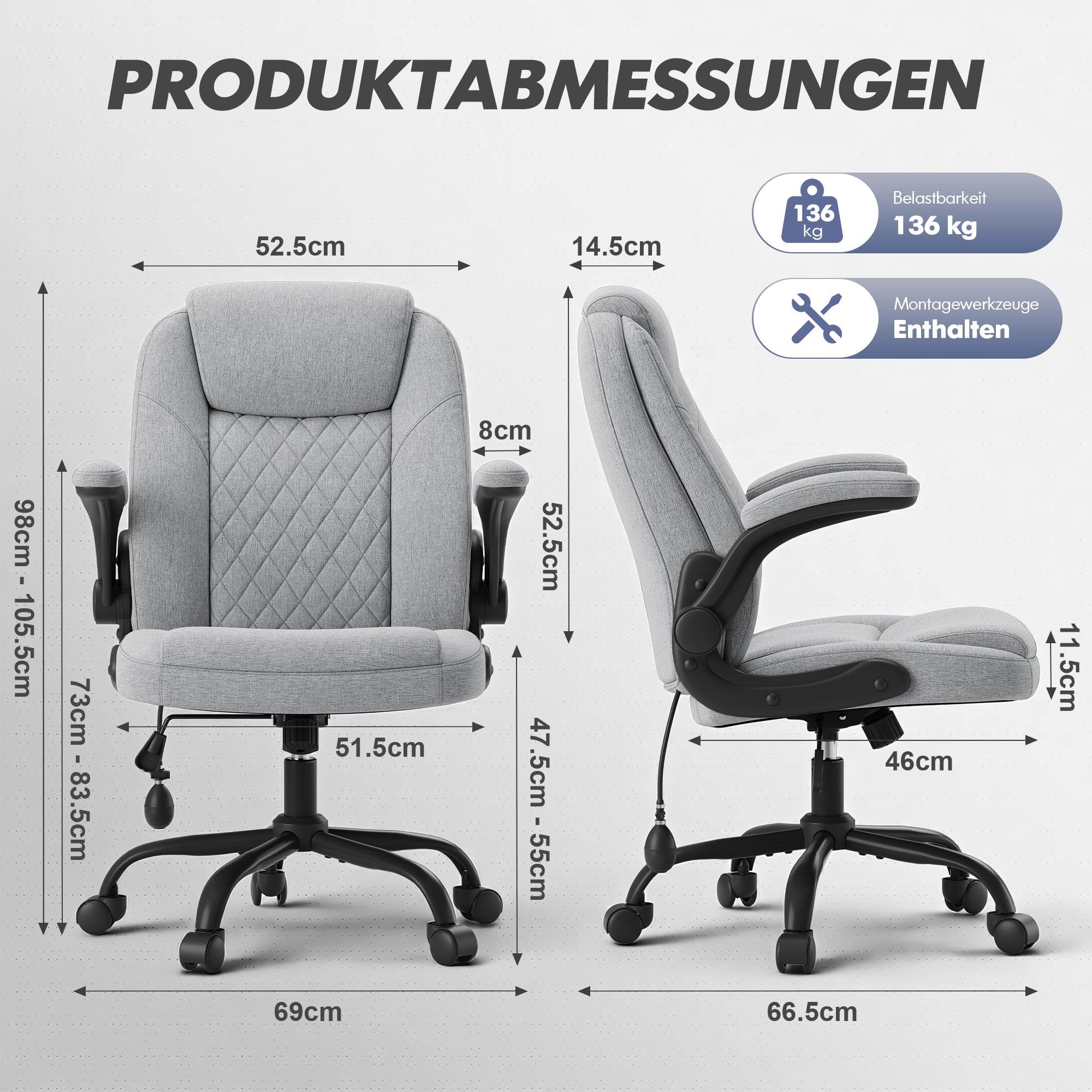 Technische Zeichnung eines grauen Bürostuhls von vorne und der Seite mit Maßangaben und Gewichtsbeschränkung.