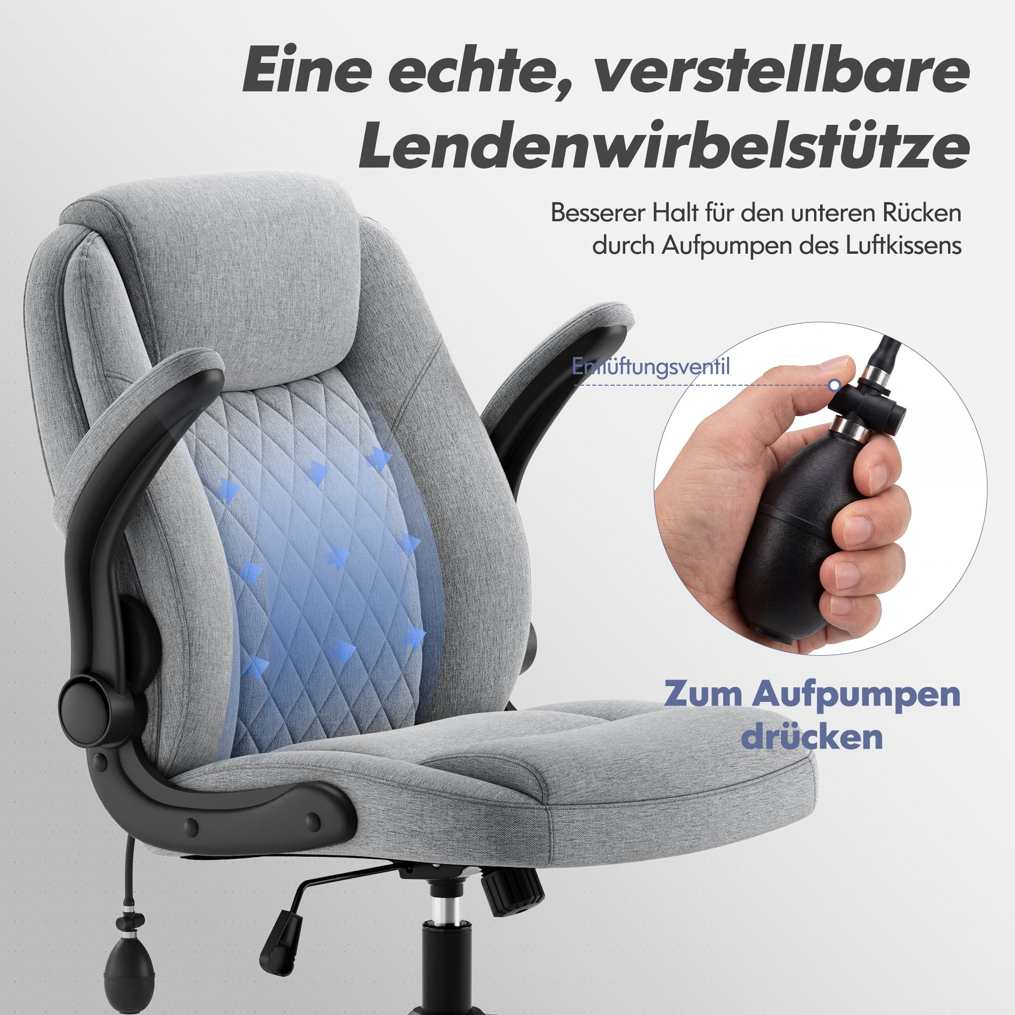 Grauer Buerostuhl mit verstellbarer Lendenwirbelstuetze und Handpumpe.