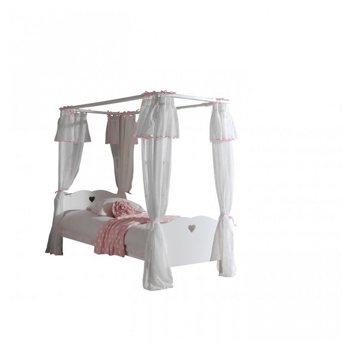 Weißes Himmelbett mit rosa Vorhängen, Kissen und Decke auf weißem Hintergrund.