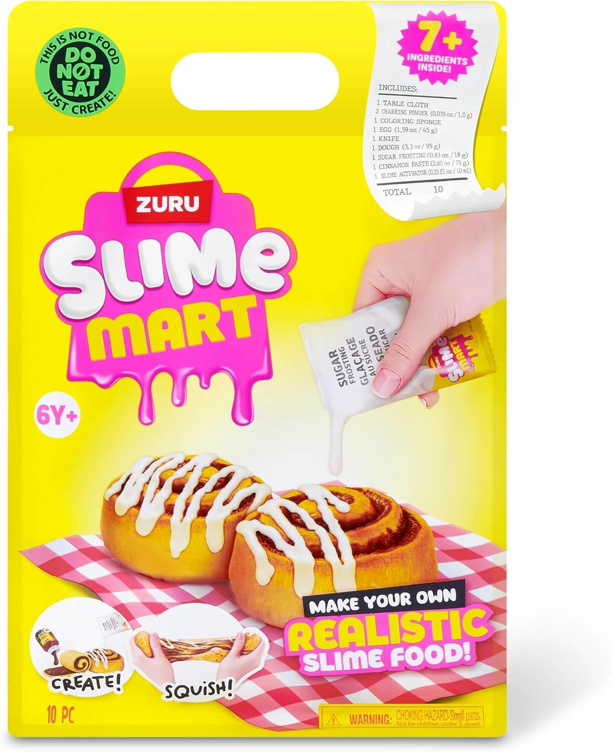 Zuru Slime Mart Spielzeugverpackung mit realistischen Schleim-Zimtrollen, die mit weißer Glasur bedeckt sind.
