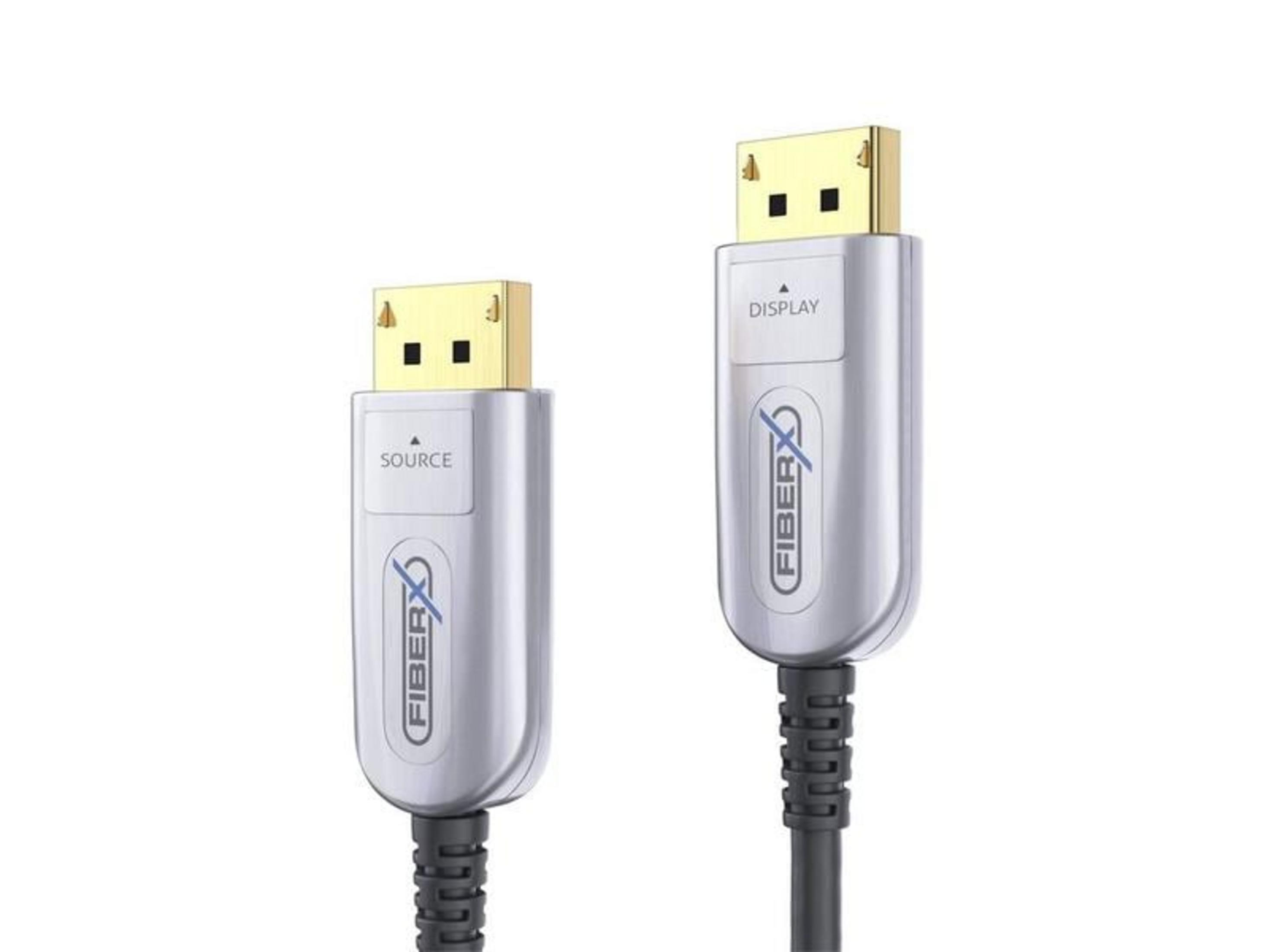 Zwei silberne DisplayPort-Kabel mit goldenen Anschlüssen und der Aufschrift FIBERX vor weißem Hintergrund.