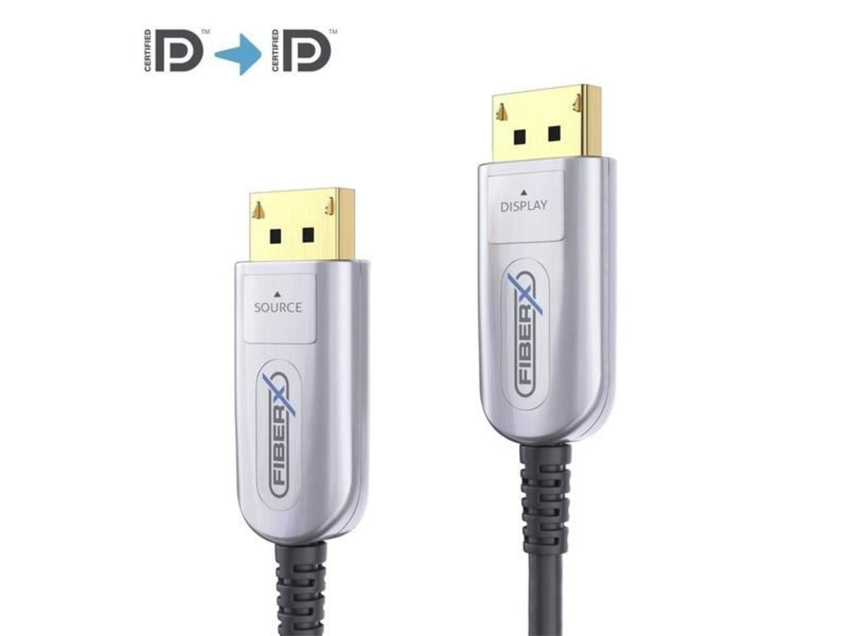 Zwei silberne FiberX DisplayPort-Kabelenden mit goldenen Steckern; links 'Source' und rechts 'Display'.
