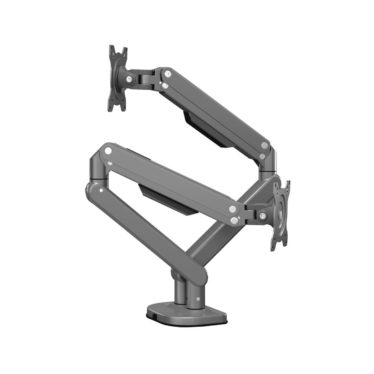 Grauer Doppel-Monitorarm aus Metall mit zwei VESA-Halterungen auf weißem Hintergrund.