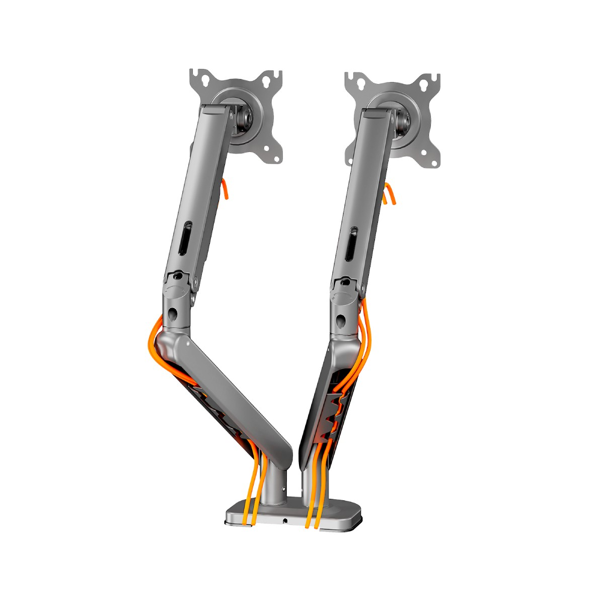 Doppelter grauer Monitorarm aus Metall mit VESA-Halterungen und orangen Kabeln auf einem weißen Hintergrund.