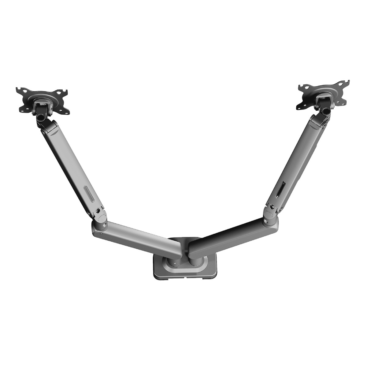 Silberne Dual-Monitorhalterung mit verstellbaren Armen und VESA-Platten vor weißem Hintergrund.