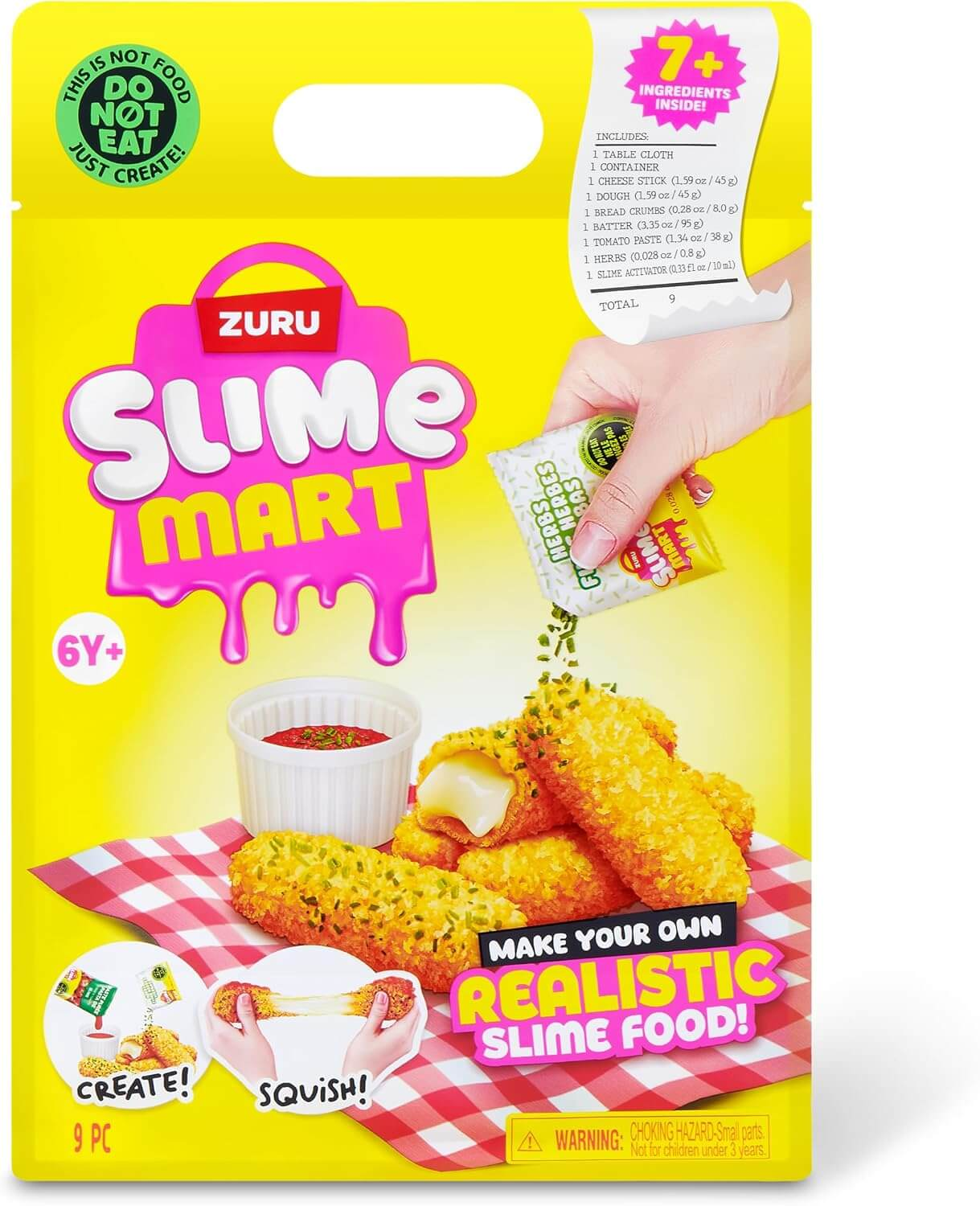 Gelbe Verpackung für Zuru Slime Mart Spielzeug mit Schleim-Käsestangen und Soße auf rotkariertem Tuch.