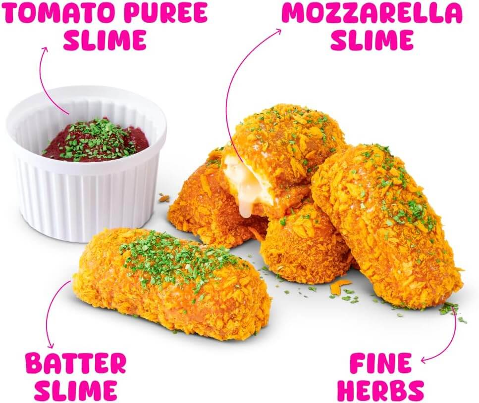 Frittierte Mozzarella-Sticks, Tomatenpüree, Teig und Kräuter mit bunten Beschriftungen.
