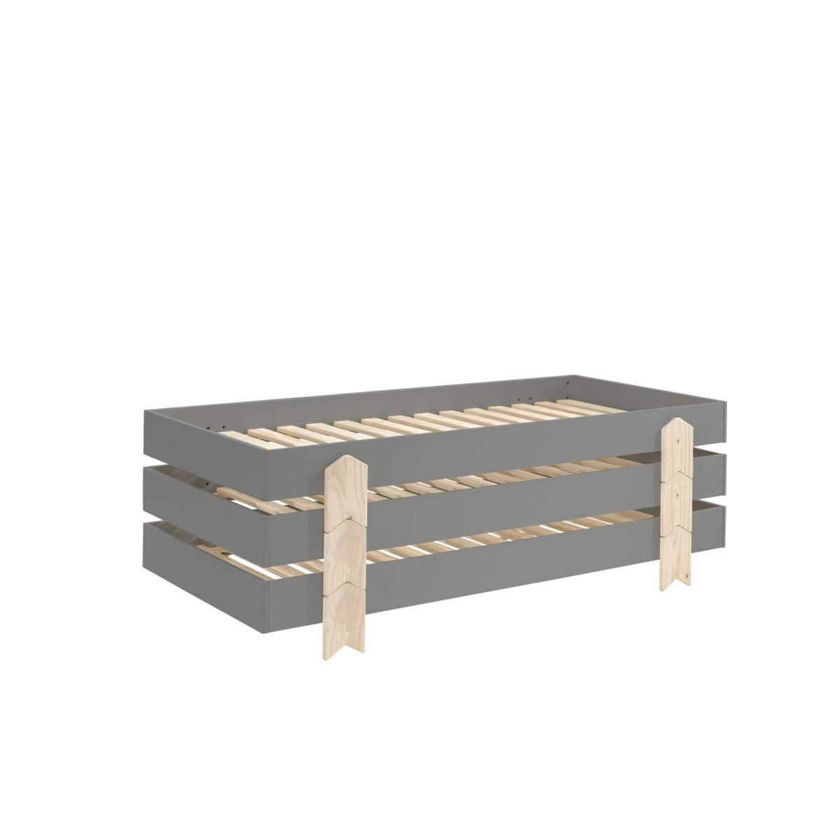 Ein graues Holzbett mit drei Paneelen und hellen Holzbeinen vor weißem Hintergrund.