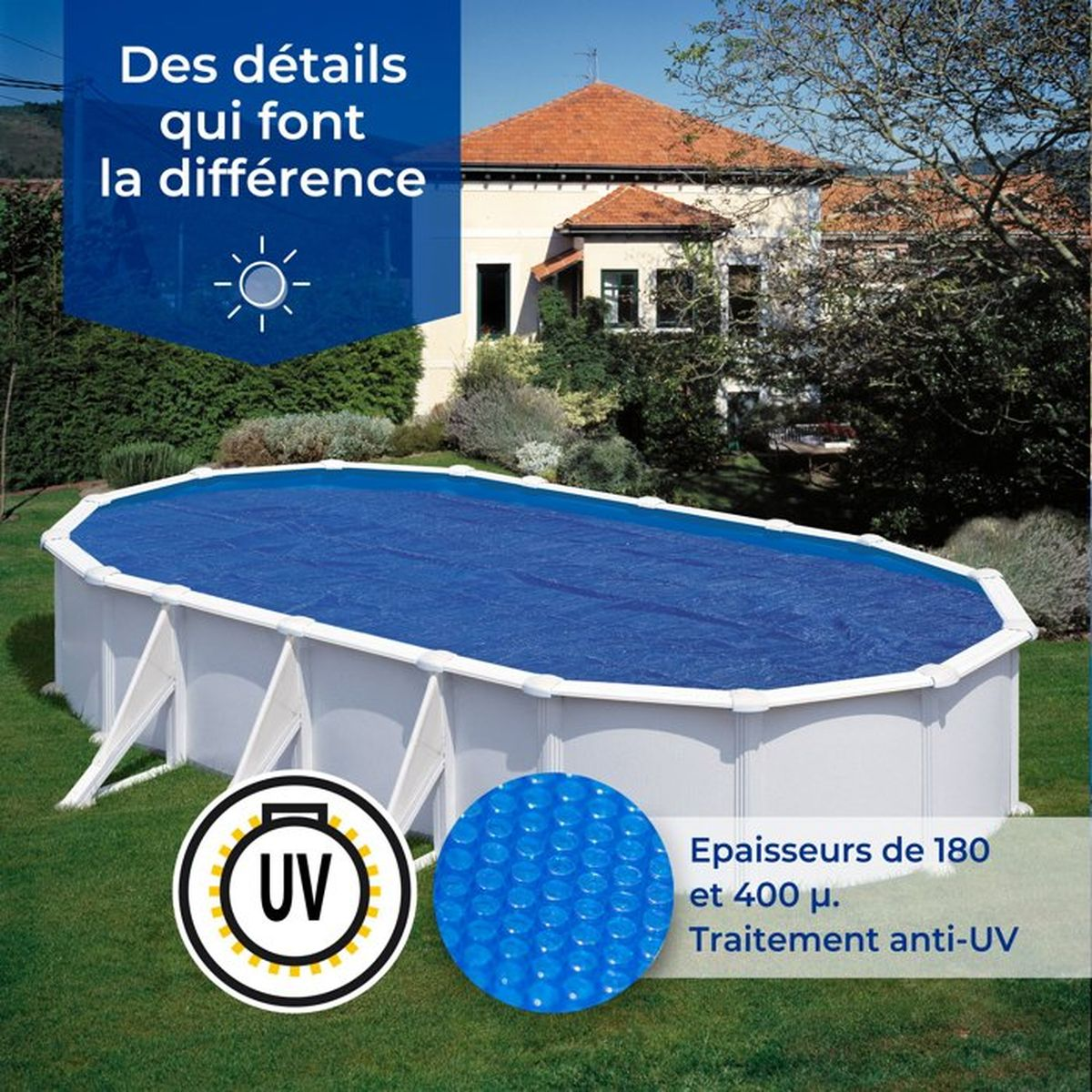 Ein oberirdischer Pool mit blauer Abdeckung auf Rasen und Textoverlays.