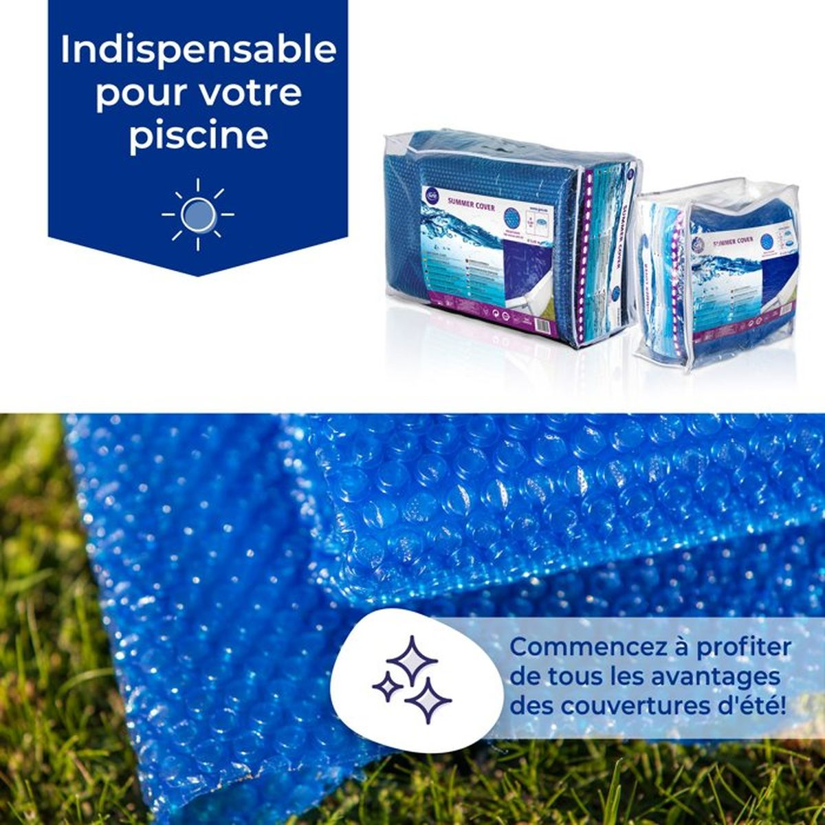 Zwei gepackte blaue Sommerpoolabdeckungen und eine Nahaufnahme der blauen Noppenfolie im Gras.