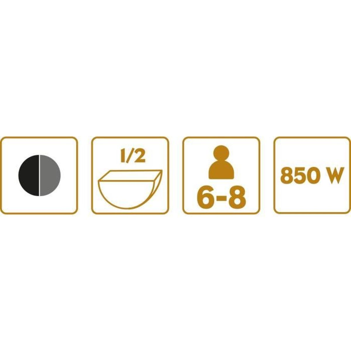Vier Icons in gelben Rahmen zeigen: geteilter Kreis, Halbschüssel mit 1/2, Personensymbol mit 6-8, und 850 W.