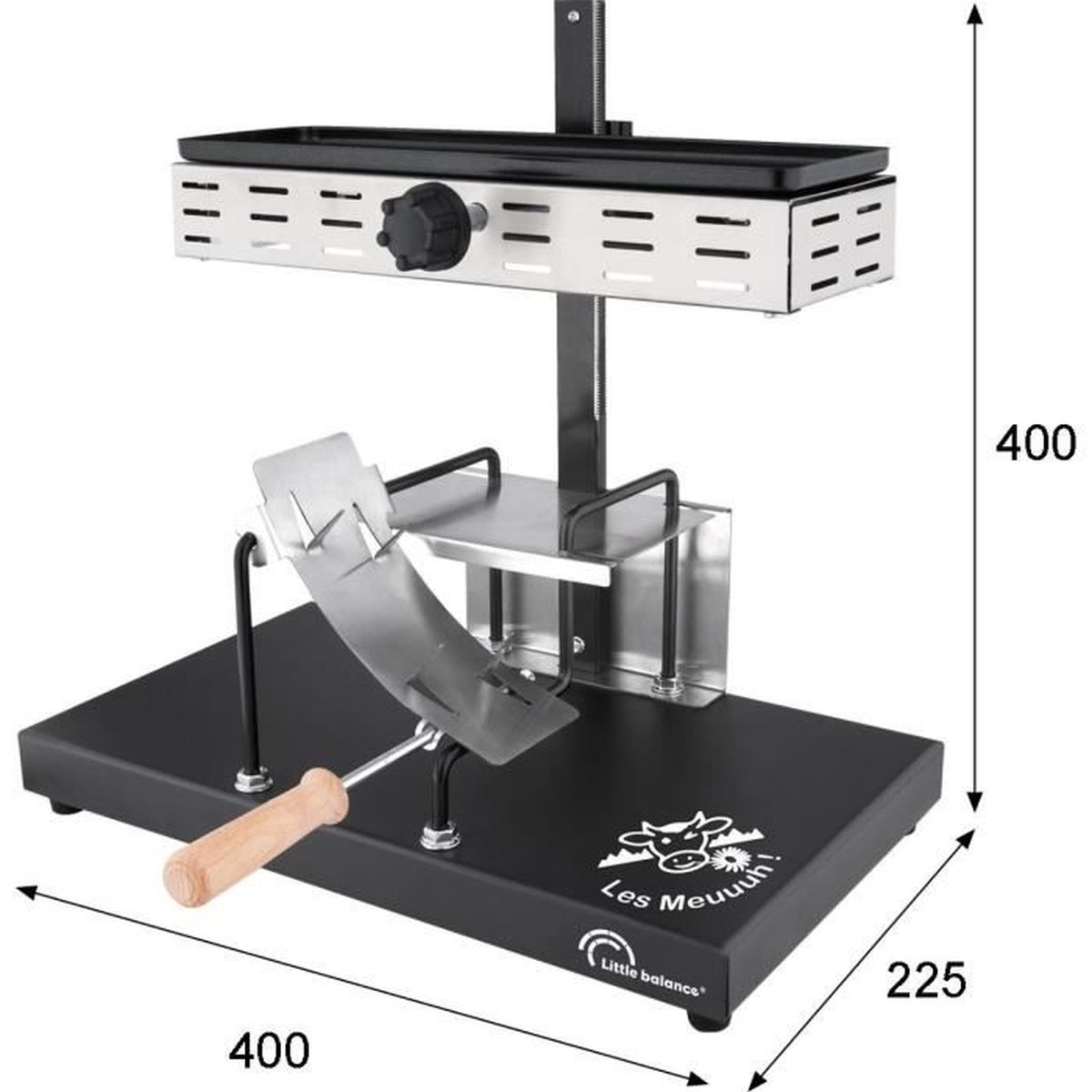 Ein elektrischer Raclette-Ofen mit schwarzem Sockel, Heizelement oben und Maßen von 400x225x400 mm.