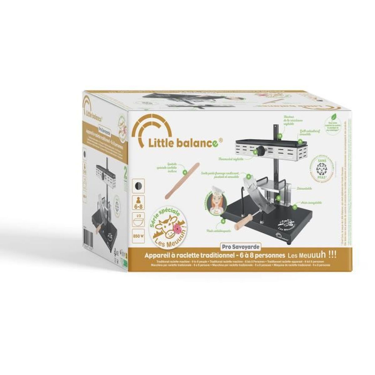 Produktbox für eine traditionelle Little Balance Raclette-Maschine für 6 bis 8 Personen.