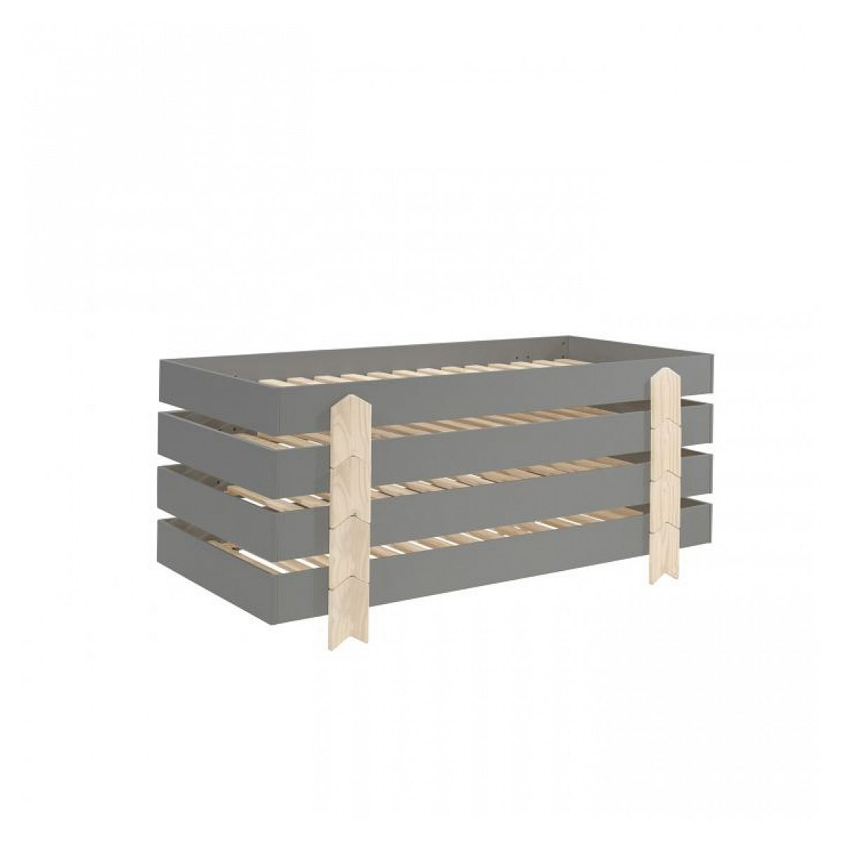 Ein graues Holzbettgestell mit Lattenrost und hellen Holzbeinen vor weißem Hintergrund.