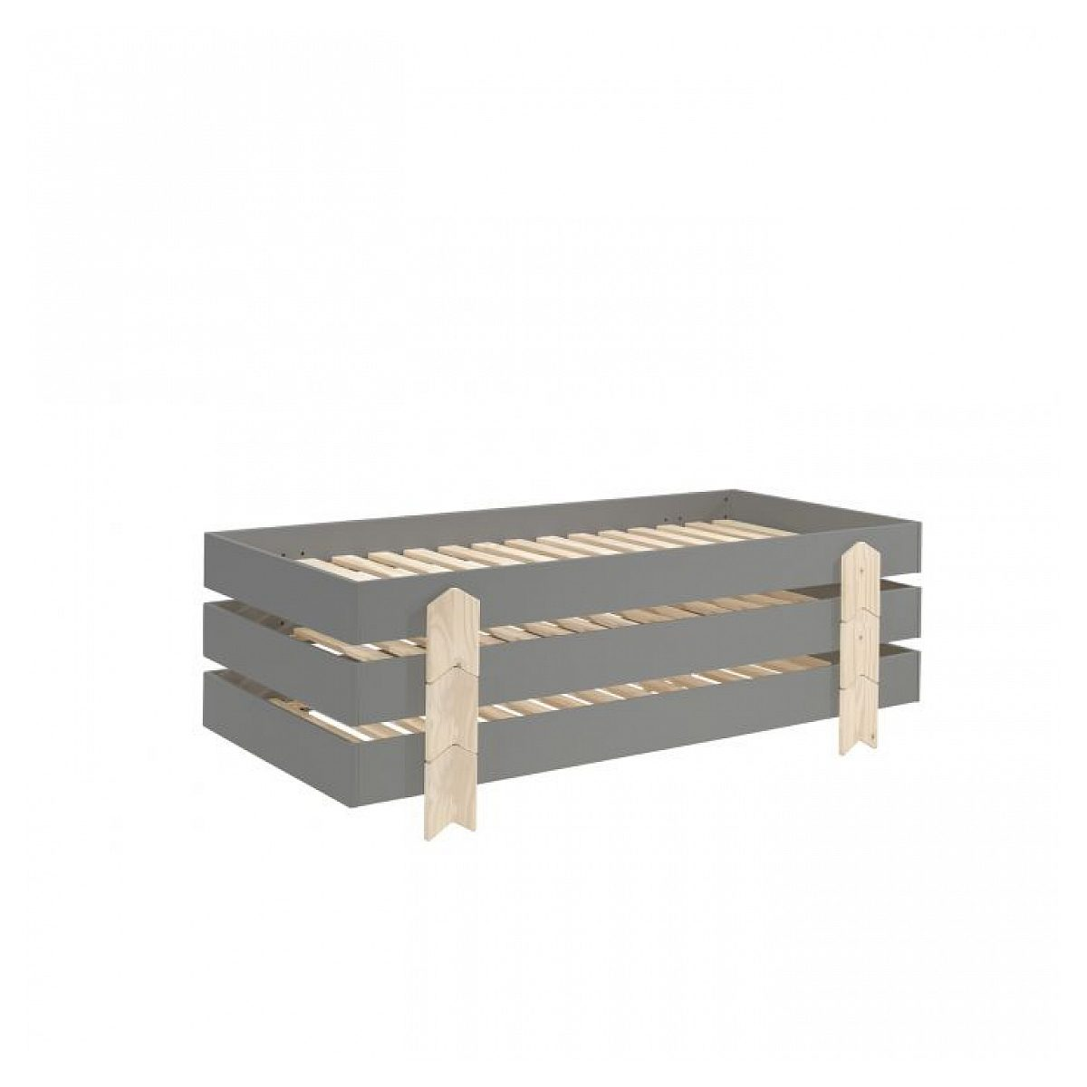 Ein graues Etagenbett im Kisten-Design mit hellen Holzbeinen auf weißem Hintergrund.