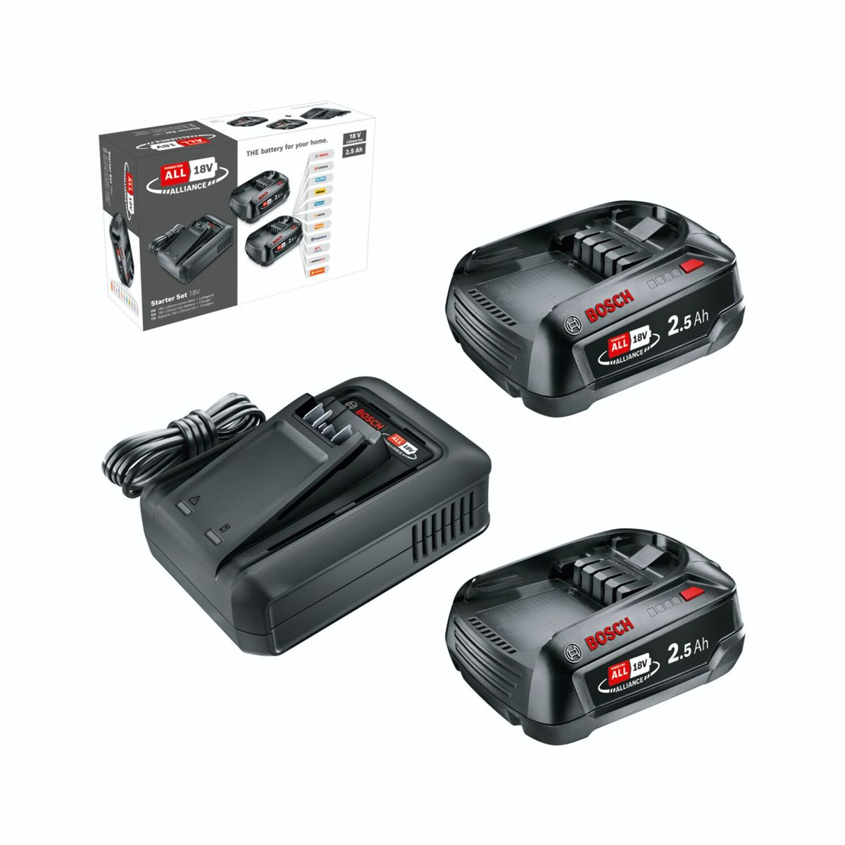 Ein Bosch 18V Starterset mit Ladegerät, zwei 2.5Ah Akkus und der originalen Verpackung auf weißem Hintergrund.