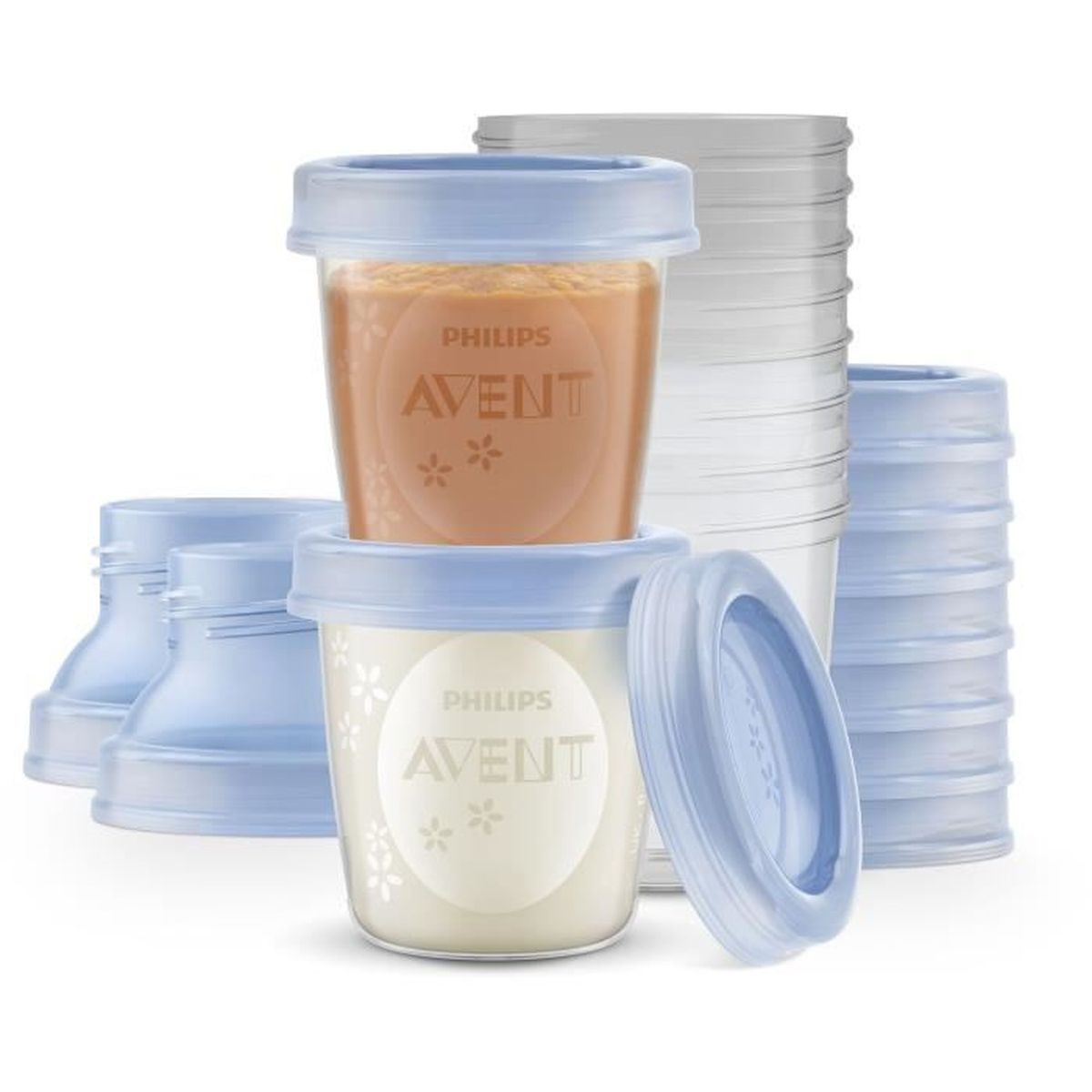 Stapelbare Philips Avent Aufbewahrungsbecher mit Deckeln und Babynahrung in Pastellblau auf weißem Hintergrund.