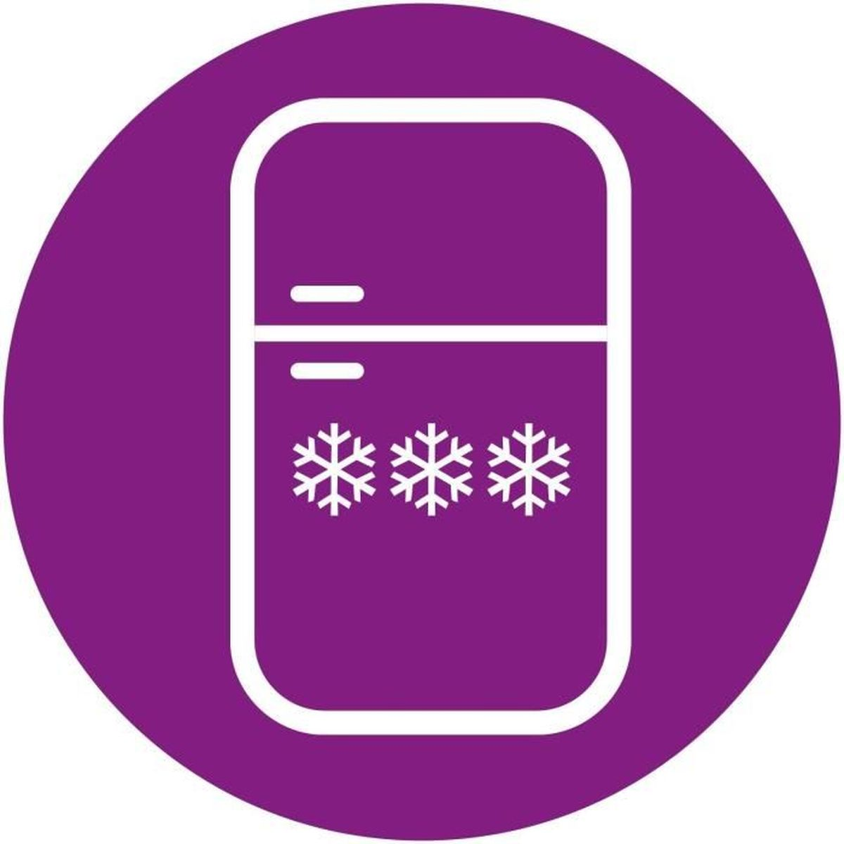 Ein weißes Kühlschrank-Umriss-Symbol mit drei Schneeflocken auf lila Kreis.