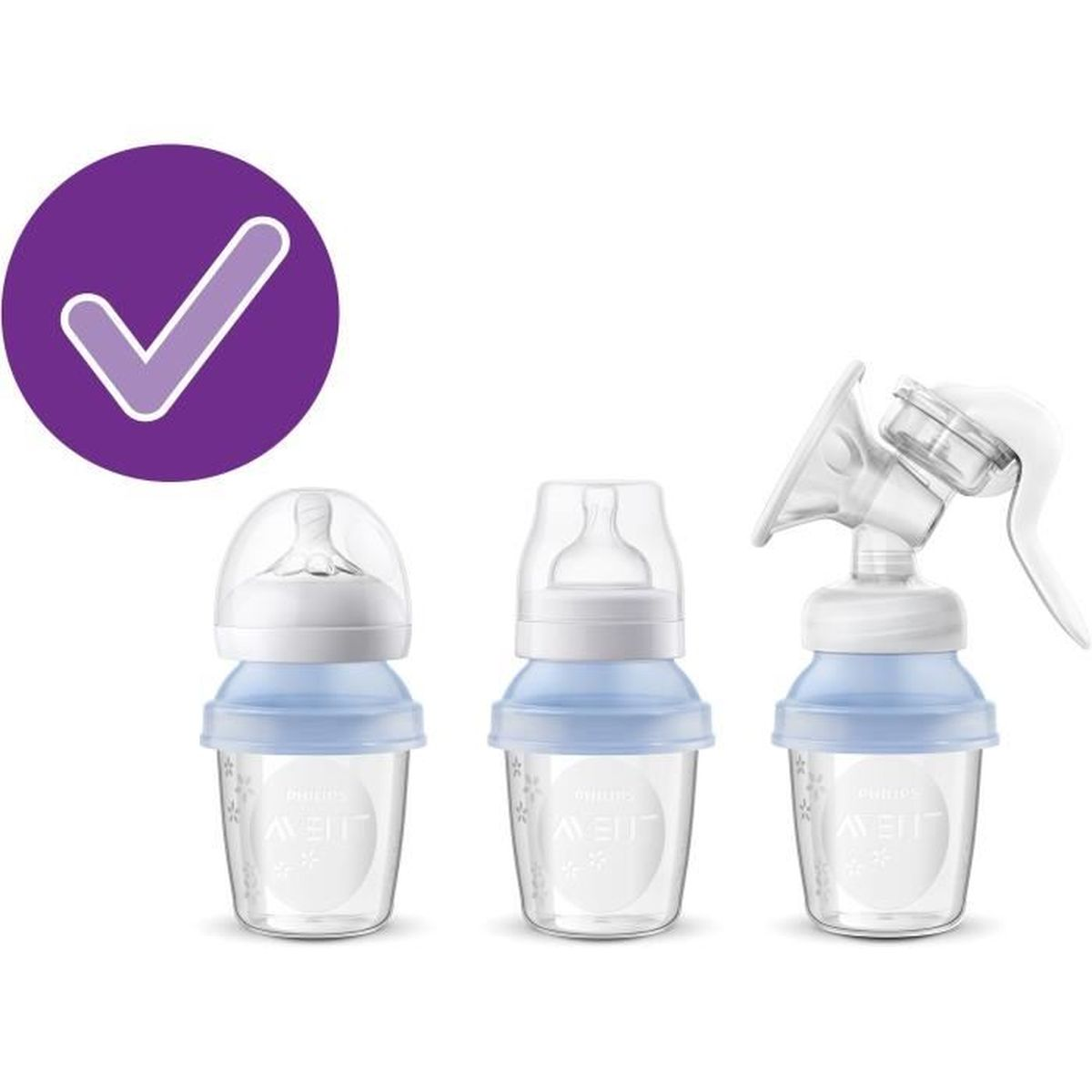 Drei Philips Avent Babyflaschen mit Deckeln und eine Milchpumpe auf weißem Grund mit violettem Häkchen-Symbol.