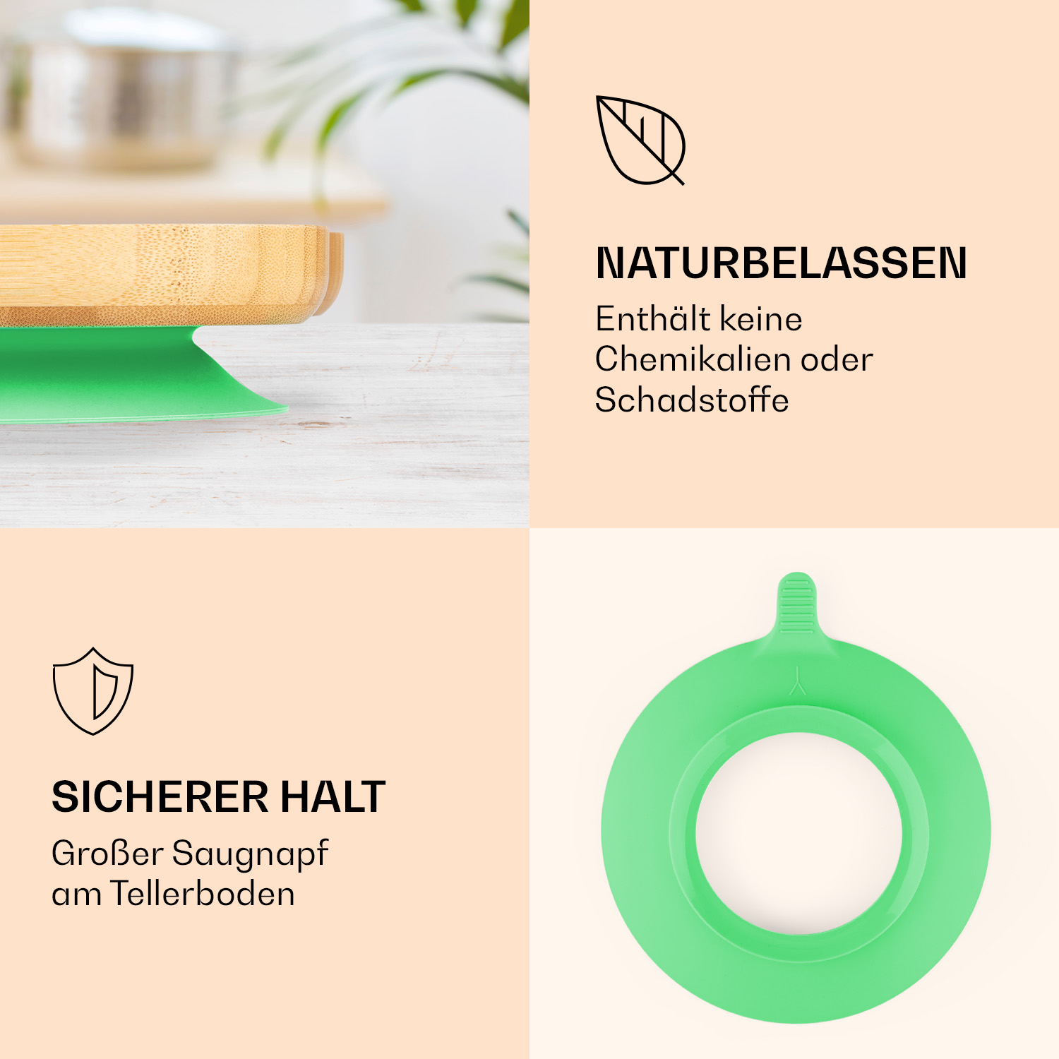 Vier geteilte Bilder zeigen Merkmale eines Bambustellers mit grünem Saugnapf, Text und Icons.