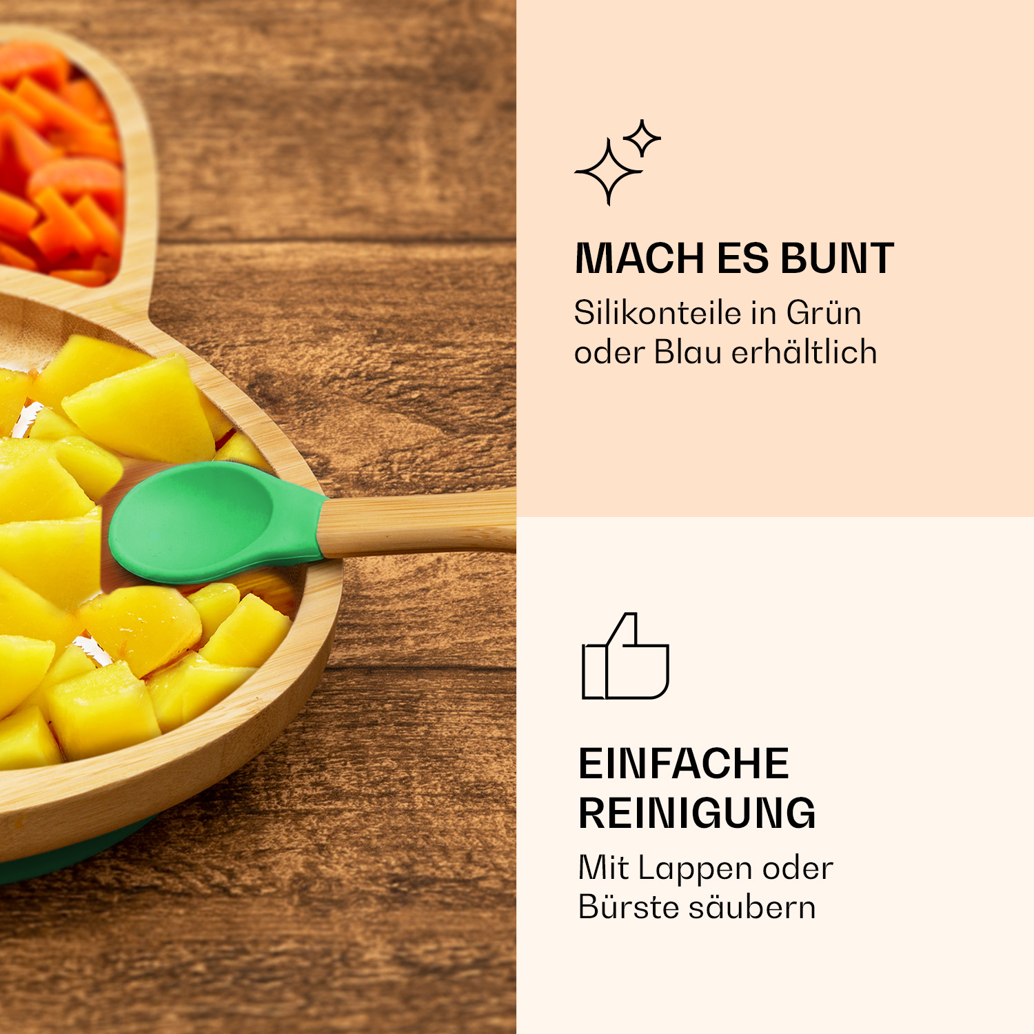 Ein Holzteller mit Essen und einem grünen Löffel neben deutschem Text über Reinigung und Farben.