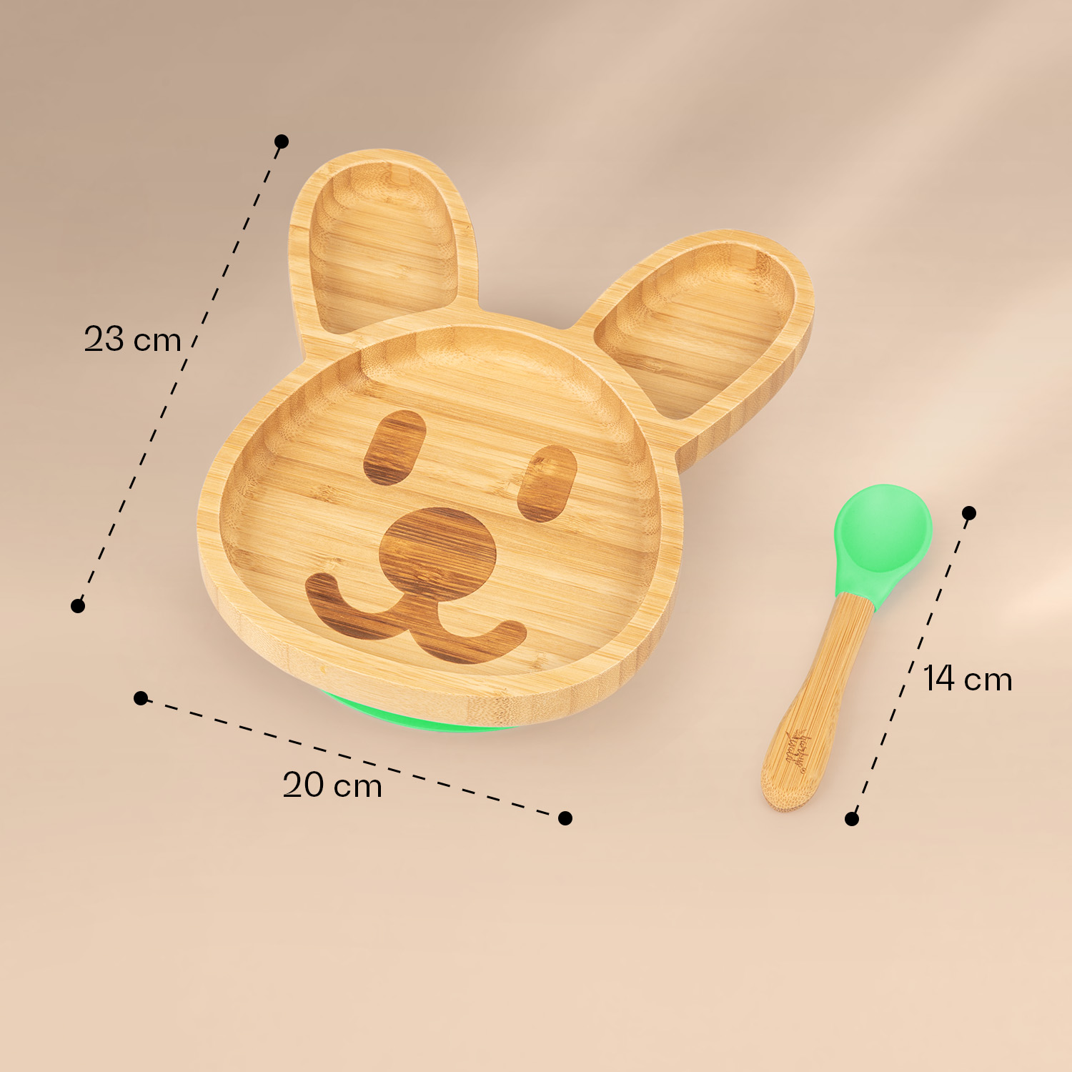Bambus-Hasenteller 23x20cm mit grünem Löffel 14cm.