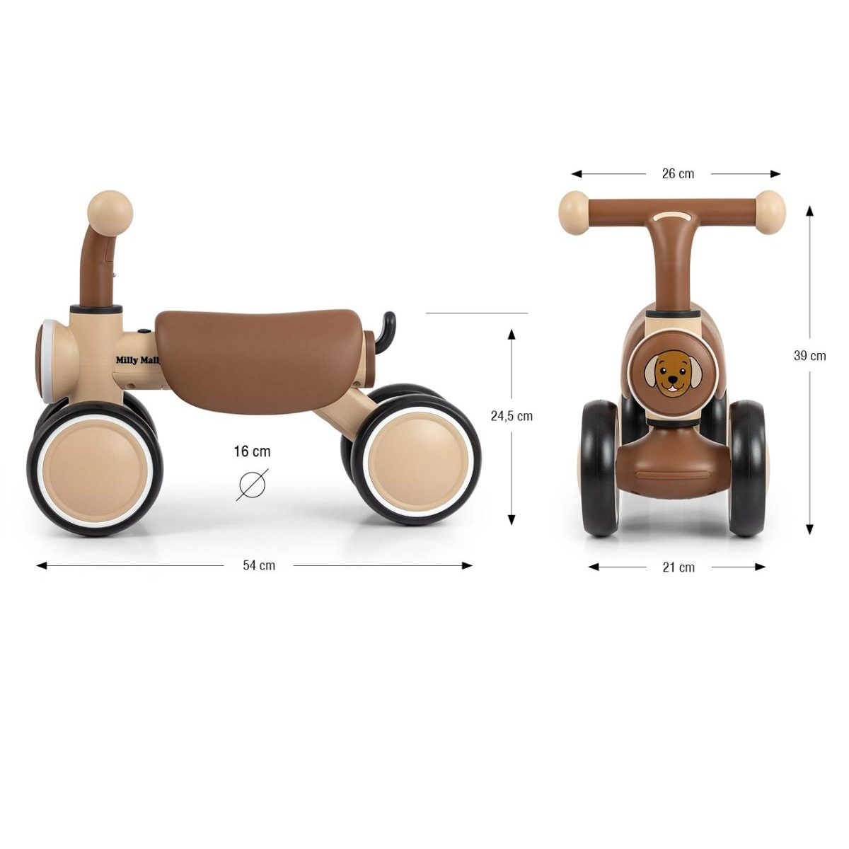 Technische Zeichnung eines braun-beigen Kinderlaufrads mit Maßen für Höhe, Länge und Breite.