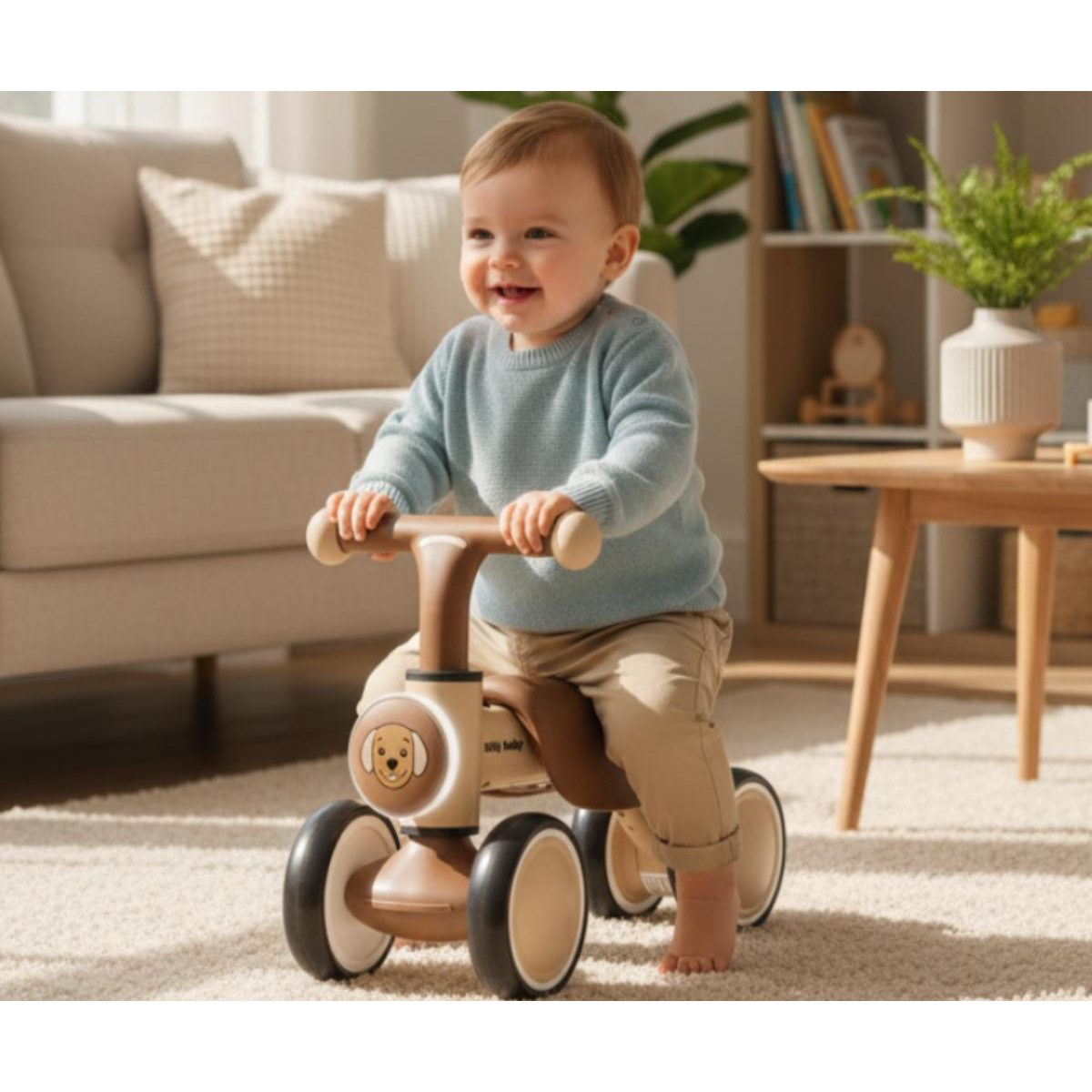 Ein lächelndes Baby fährt auf einem kleinen Spielzeugfahrrad mit vier Rädern auf einem Teppich.