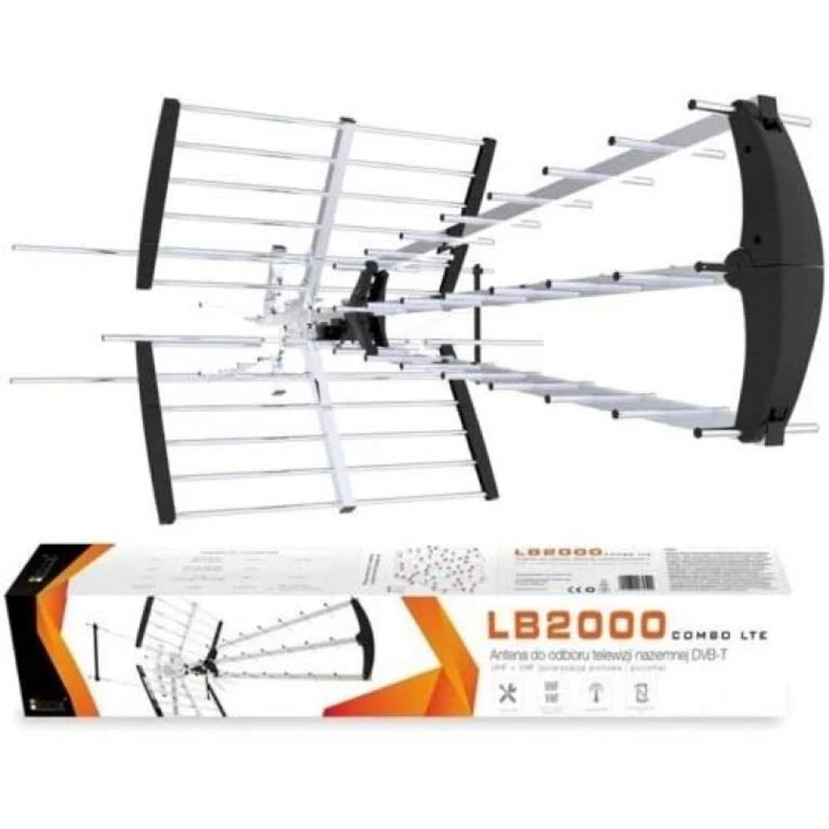 Eine DVB-T-Antenne LB2000 Combo LTE vor einer weißen Verpackungsschachtel.