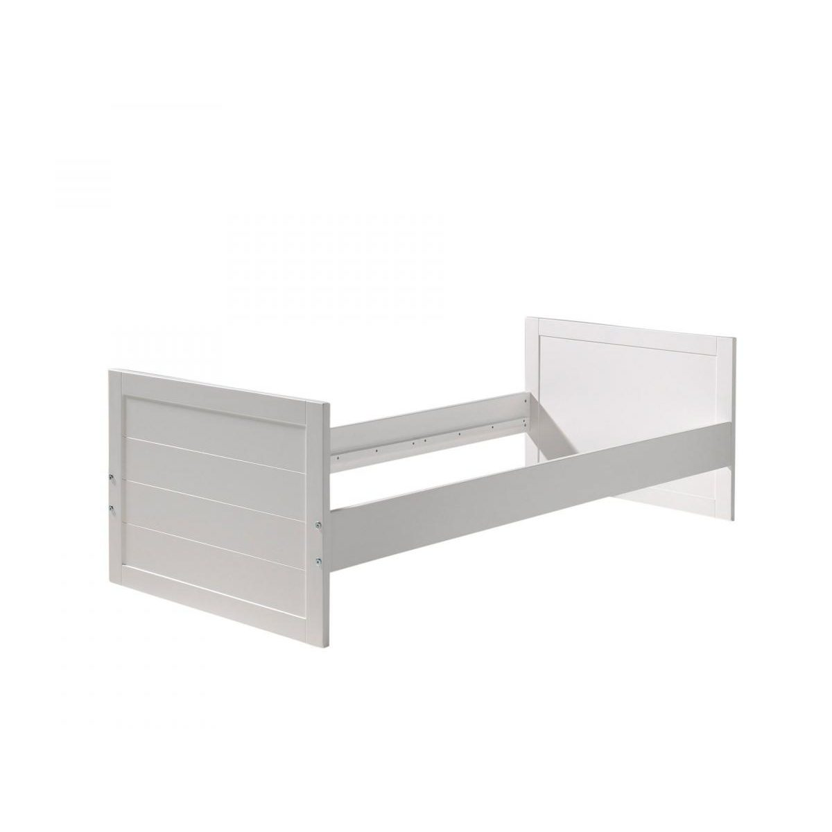 Ein weißer, minimalistischer Bettrahmen auf weißem Hintergrund.