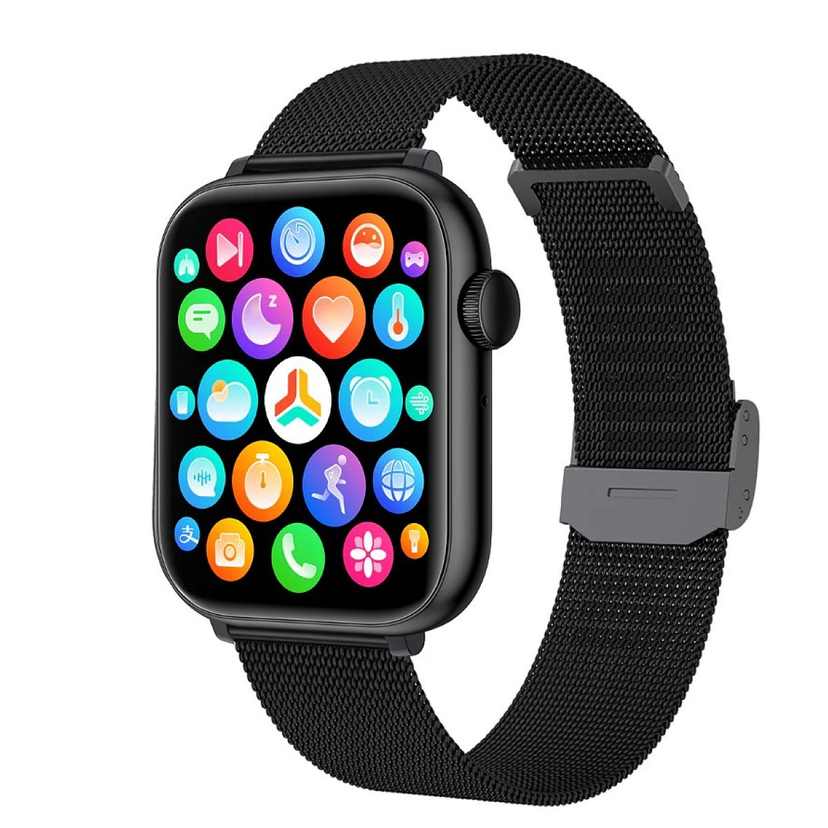 Eine schwarze Smartwatch mit quadratischem Display zeigt bunte App-Symbole und hat ein schwarzes Metallarmband.