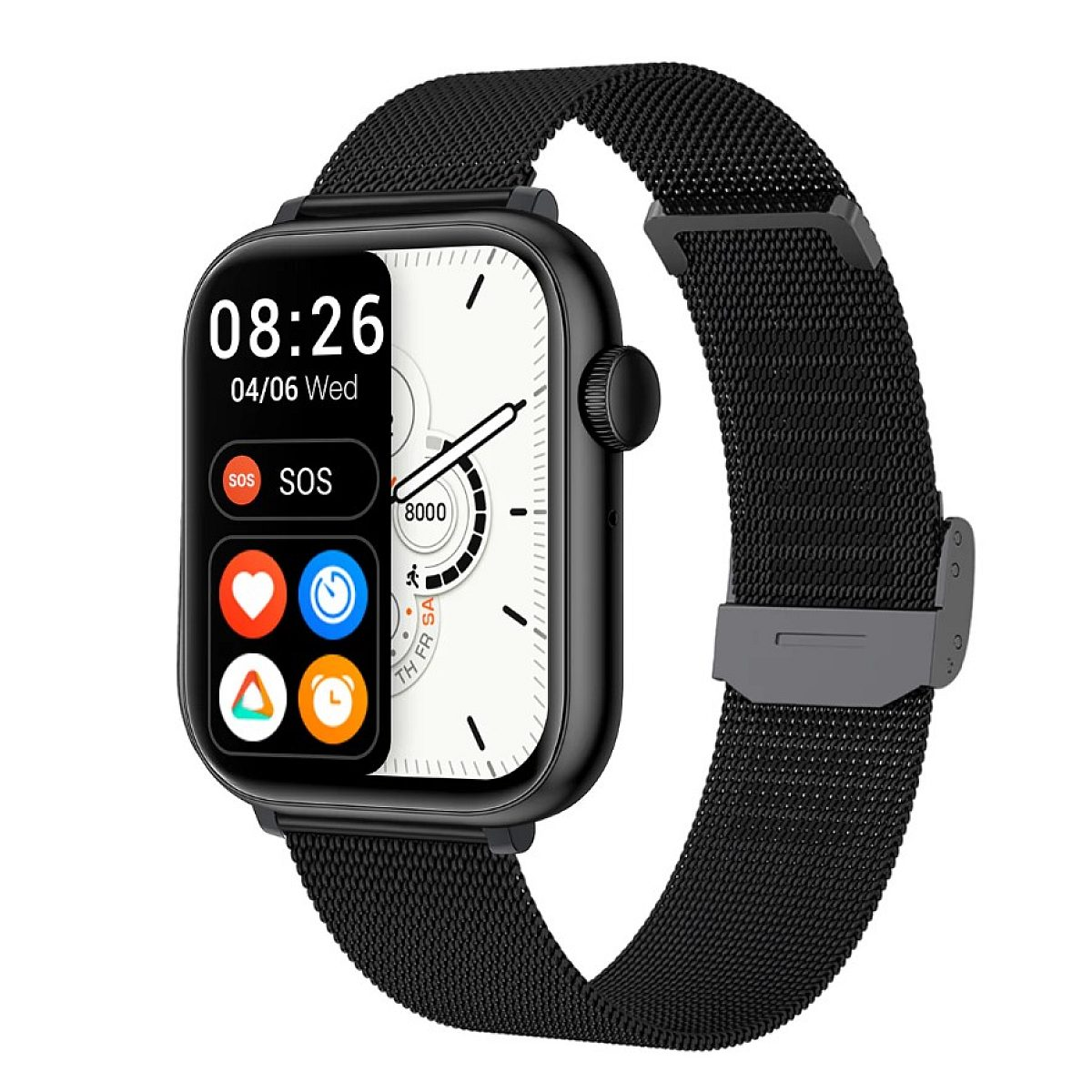 Schwarze Smartwatch mit Metallarmband und App-Symbolen auf dem Display.