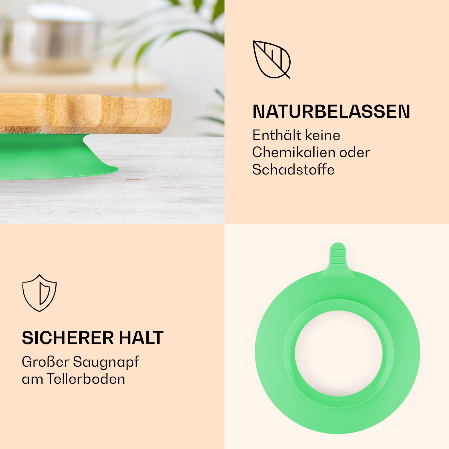 Bambusteller mit grünem Saugnapfboden, Text und Icons zu Natur belassenem Material und sicherem Halt.