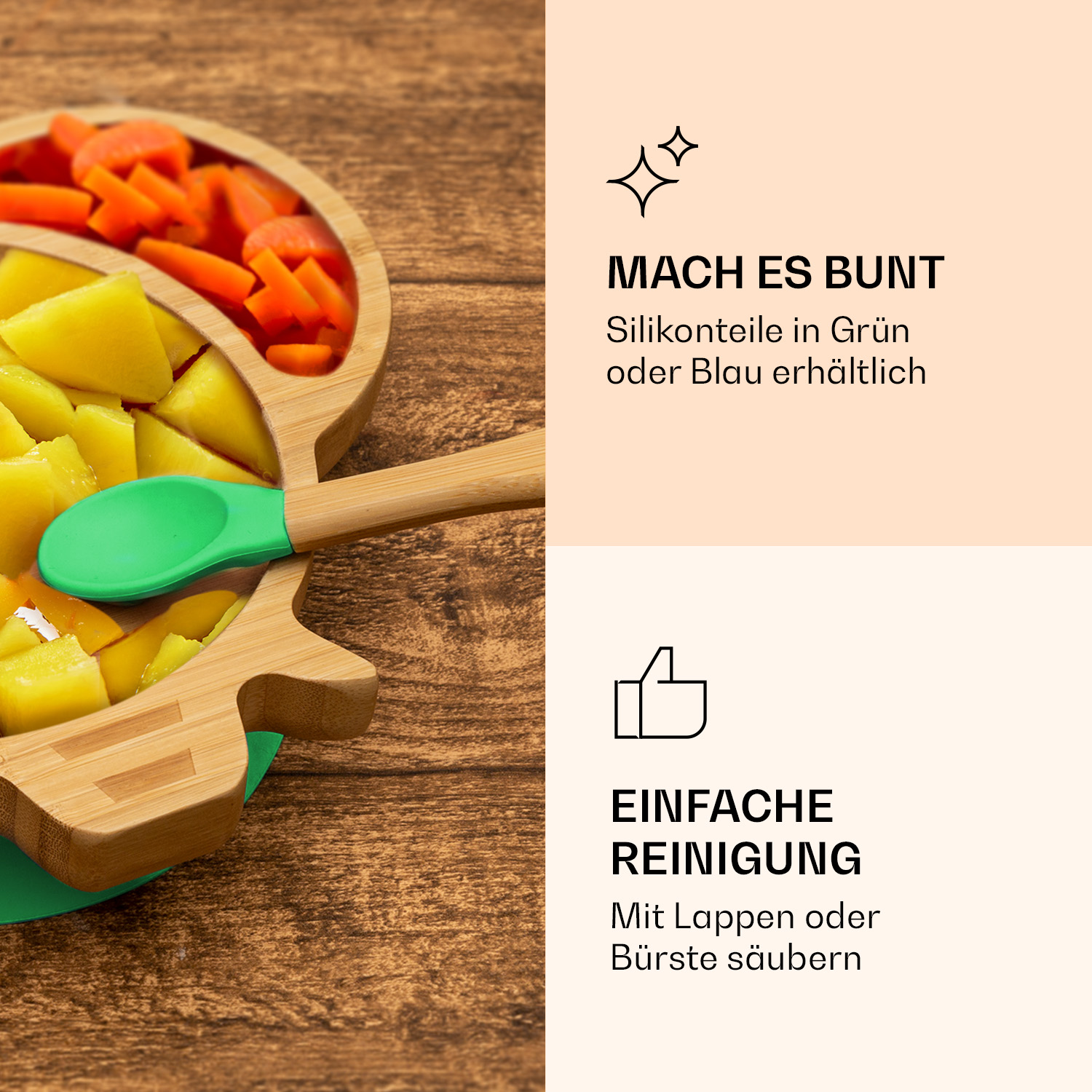 Holzteller mit Gemüse und Löffel auf Holzgrundlage, Textfelder mit Icons für farbige Silikonteile und einfache Reinigung.