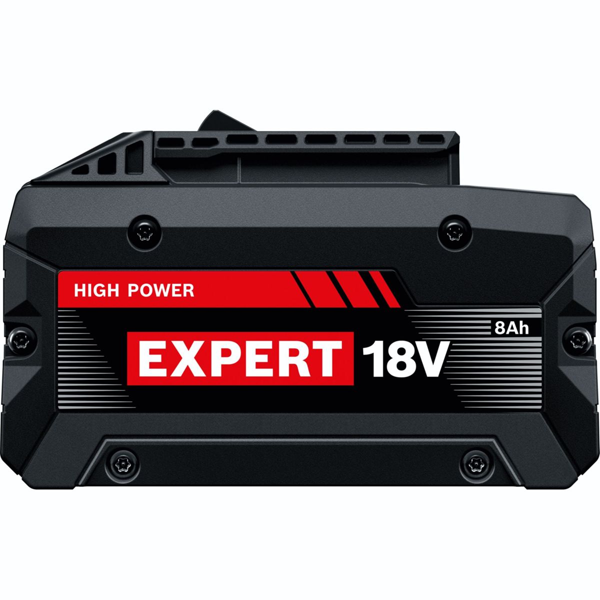 Ön yüzünde kırmızı detaylar ve dört vida bulunan siyah Expert 18V 8Ah güç bataryası.