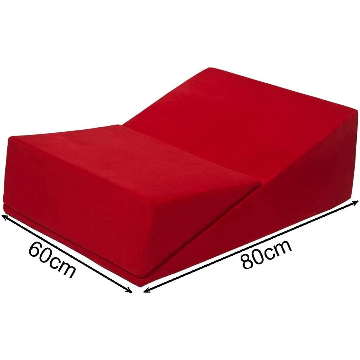 Ein rotes Schaumstoffkissen mit einer Breite von 60 cm und einer Länge von 80 cm.