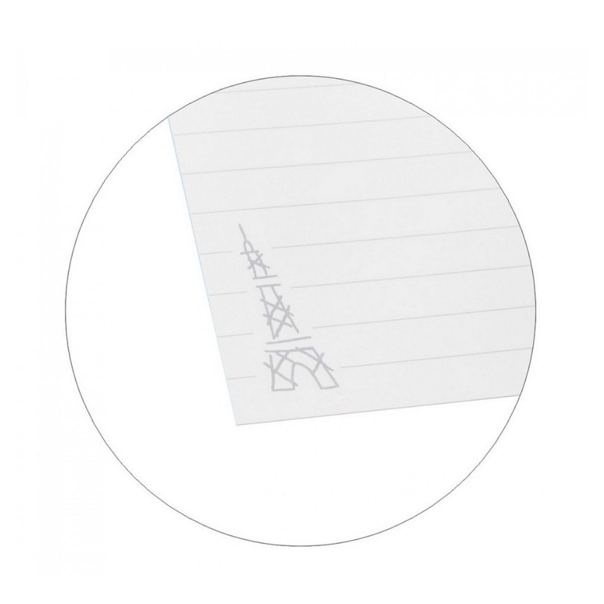 Eine einfache Skizze des Eiffelturms auf liniertem Papier in einem Kreis.