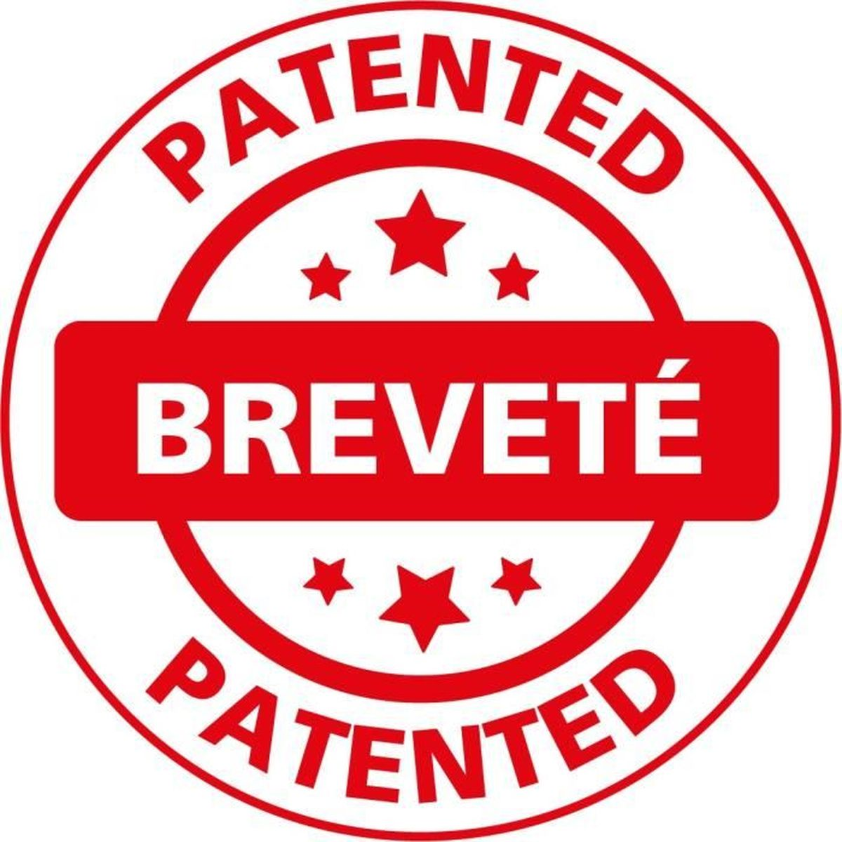 Rotes und weißes Siegel mit den Wörtern Patented und Breveté sowie sechs Sternen.