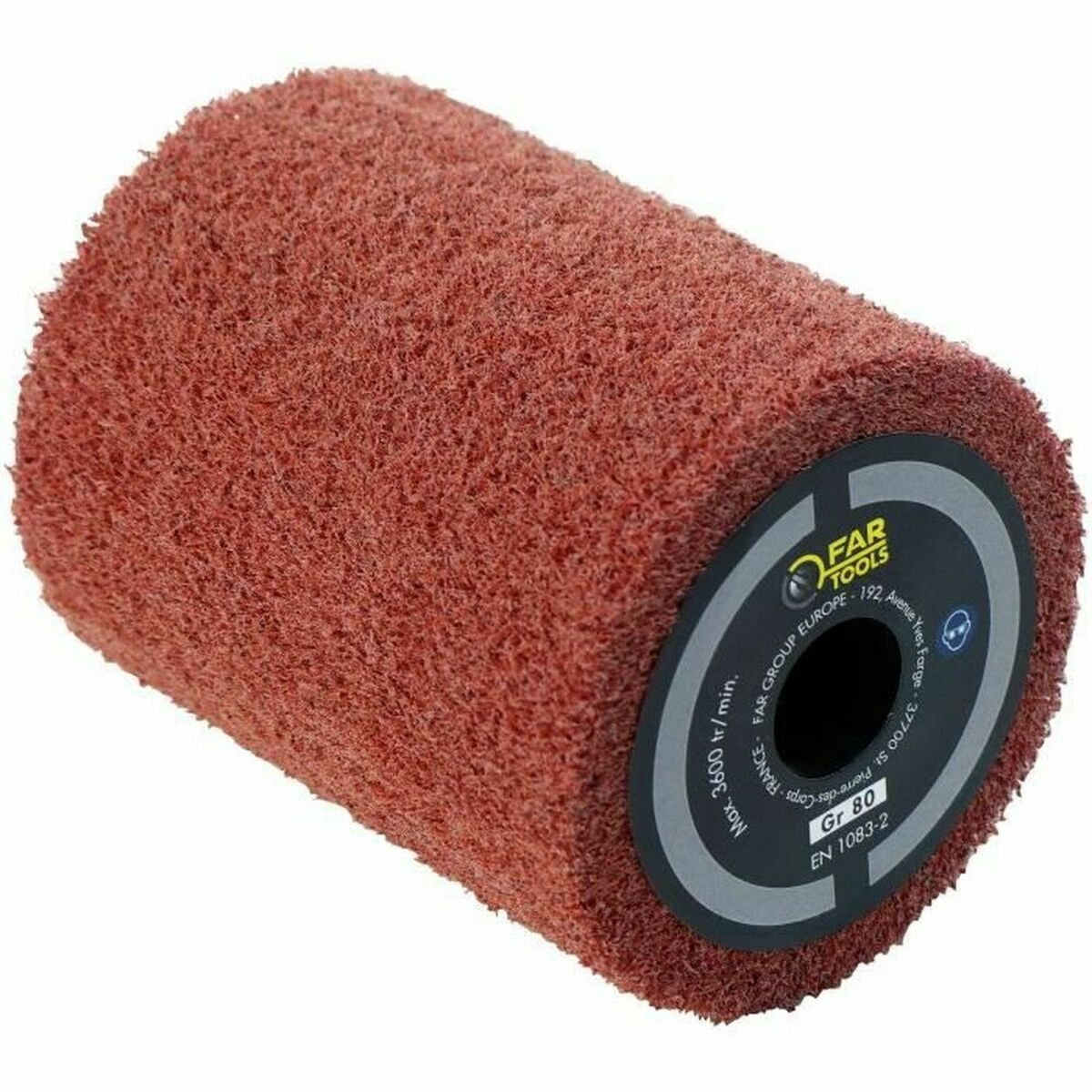 Eine zylindrische rote Schleifwalze von Far Tools mit schwarzem Ende auf weißem Hintergrund.
