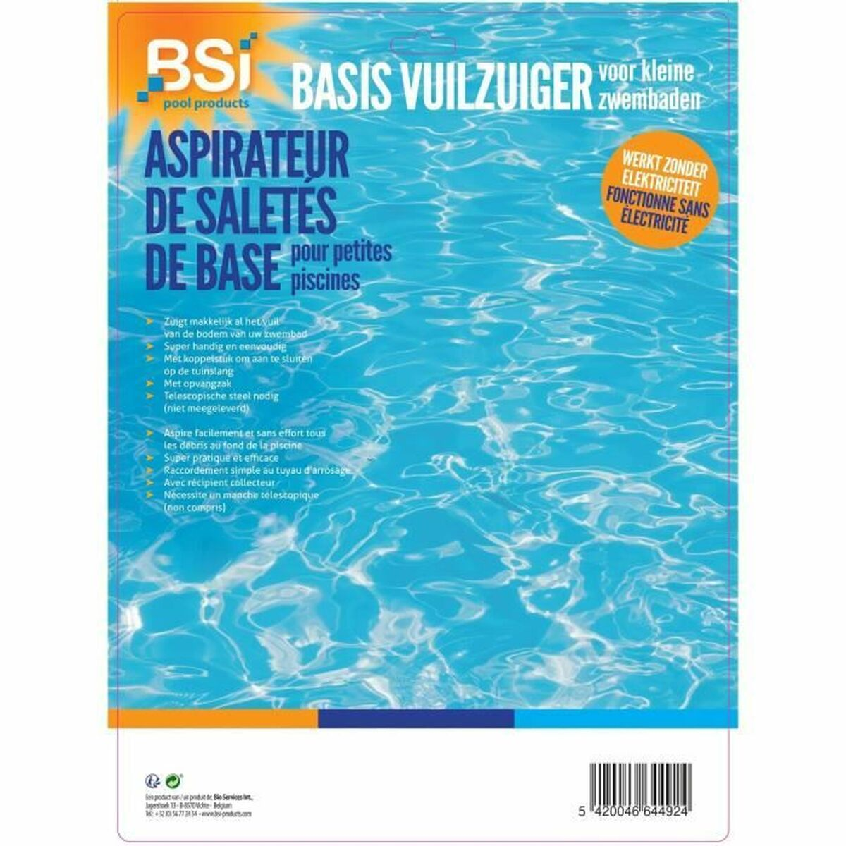 BSI Basis-Bodensauger für kleine Pools mit blauer Hintergrundgrafik und Text.