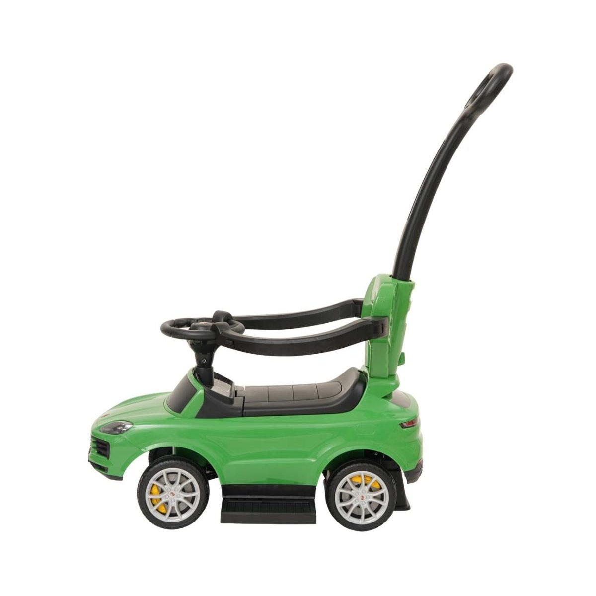 Grünes Kinder-Rutschauto mit schwarzem Griff und Schutzbügel auf weißem Hintergrund.
