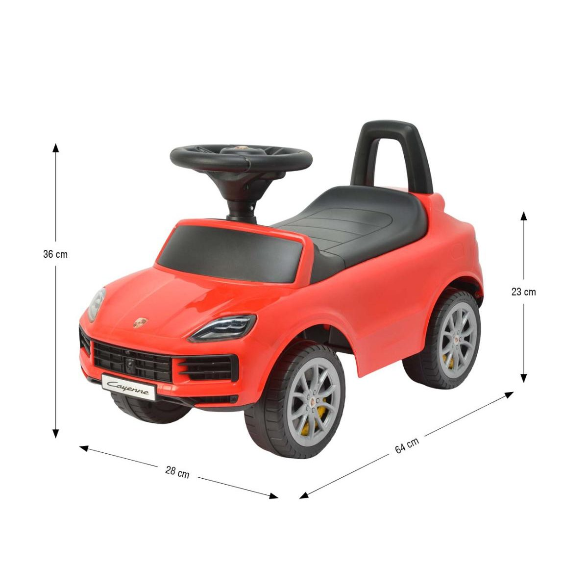 Rotes Porsche Cayenne Rutschauto mit Maßen 64x28x36 cm auf weißem Grund.