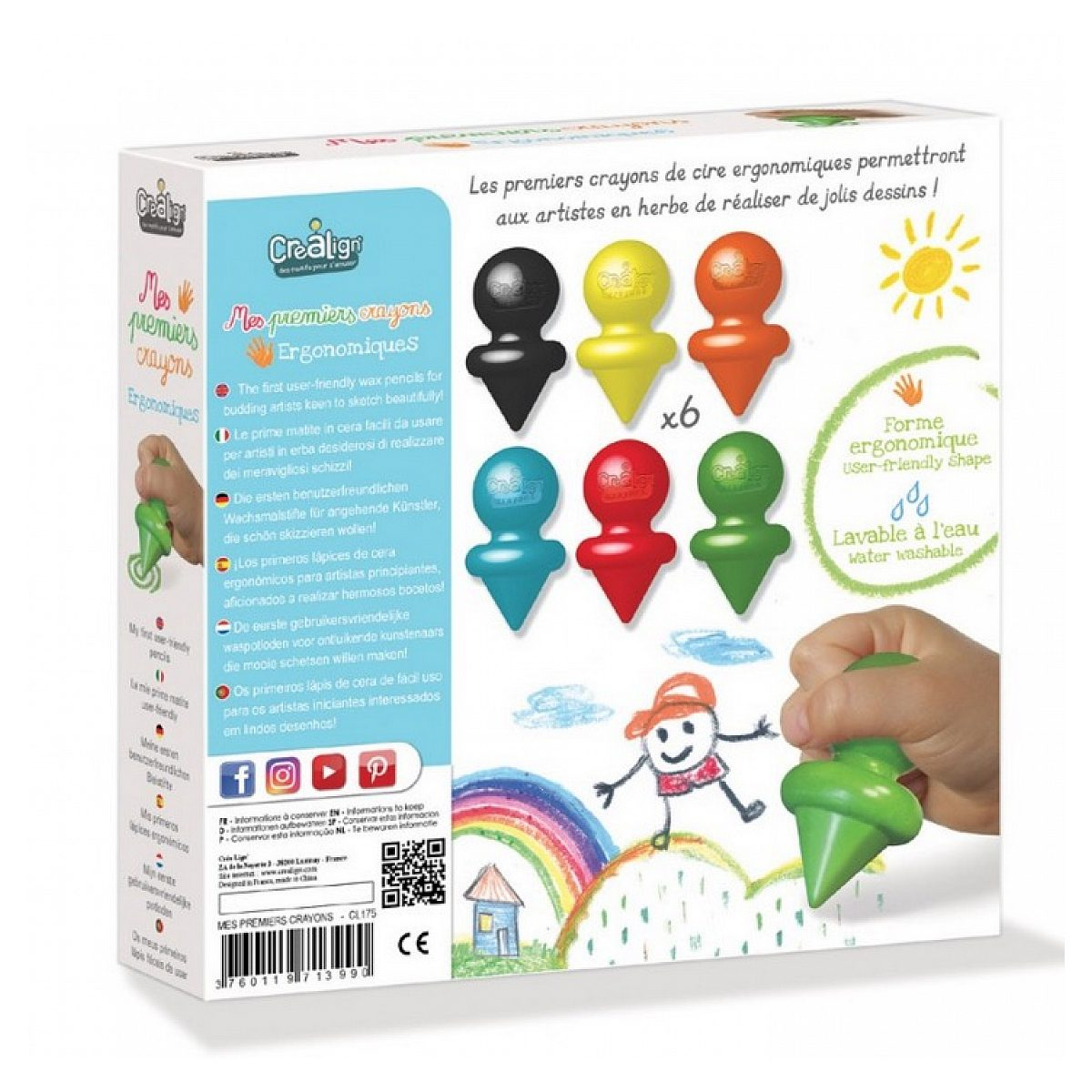Verpackung von sechs ergonomischen Wachsmalstiften in verschiedenen Farben mit Zeichnungen und Texten.