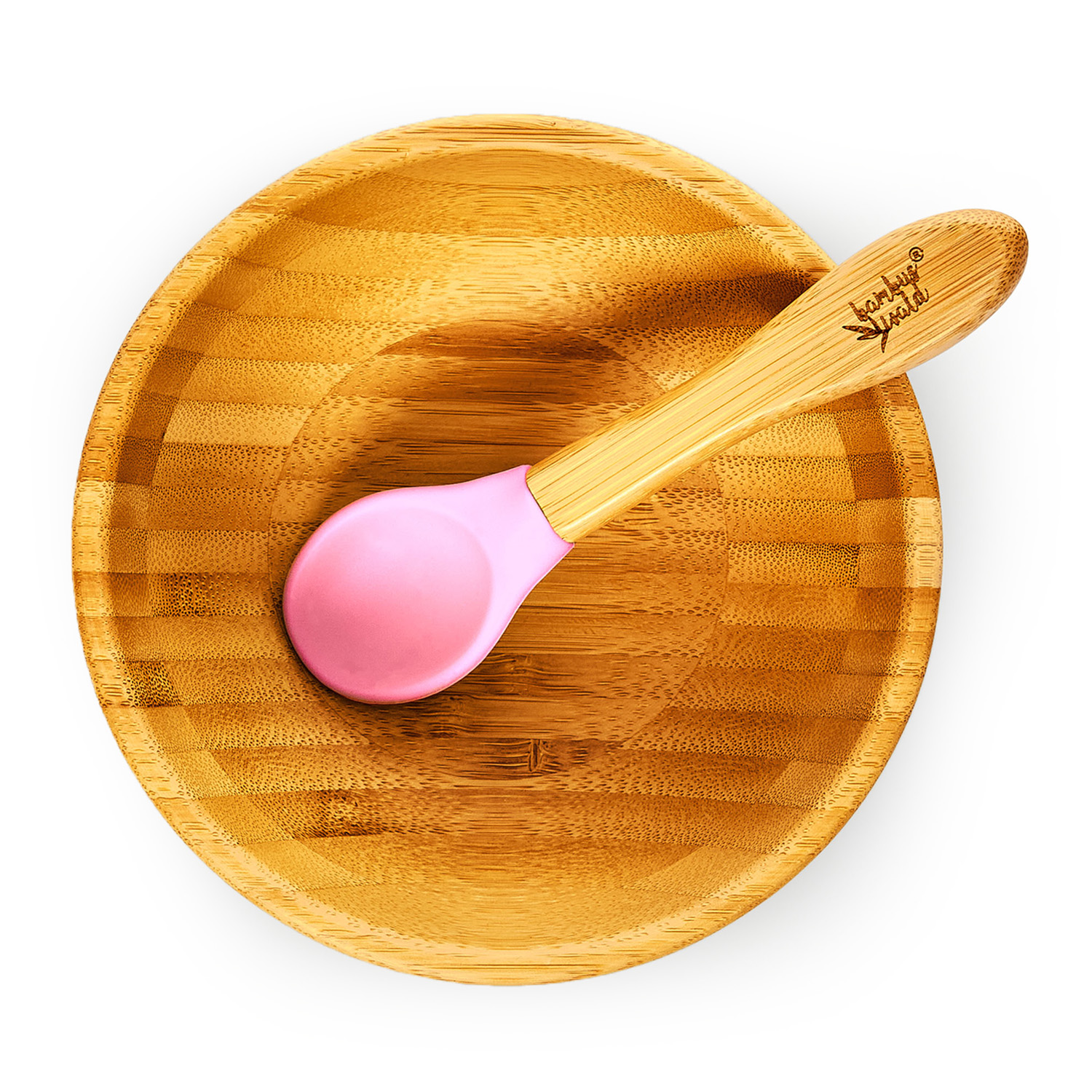 Eine runde Holzs"u0022ch"essel von oben mit einem Holzl"offel, der eine rosa Silikonspitze hat.