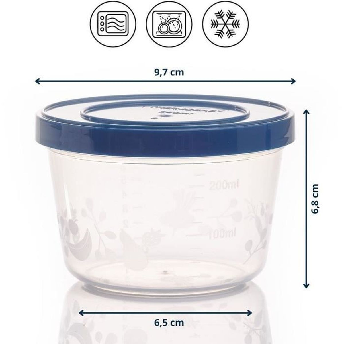 Transparenter Behälter mit blauem Deckel und Maßen: 9,7 cm Breite, 6,8 cm Höhe.