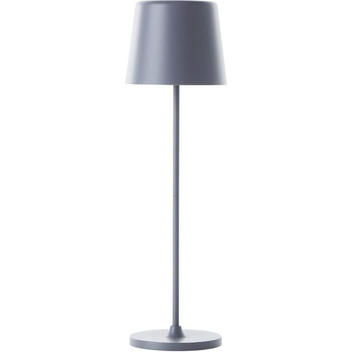 Eine elegante, einfarbige graue Stehlampe mit einem zylindrischen Schirm und einem schmalen Ständer auf weißem Hintergrund.