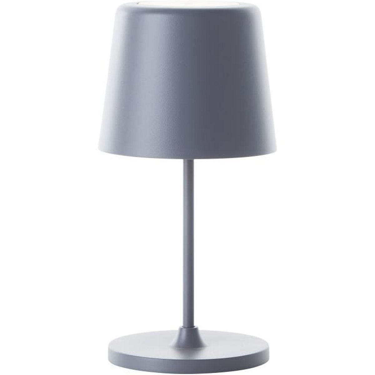 Eine graue Tischlampe mit rundem Fuß, schlankem Stiel und zylindrischem Schirm vor weißem Hintergrund.