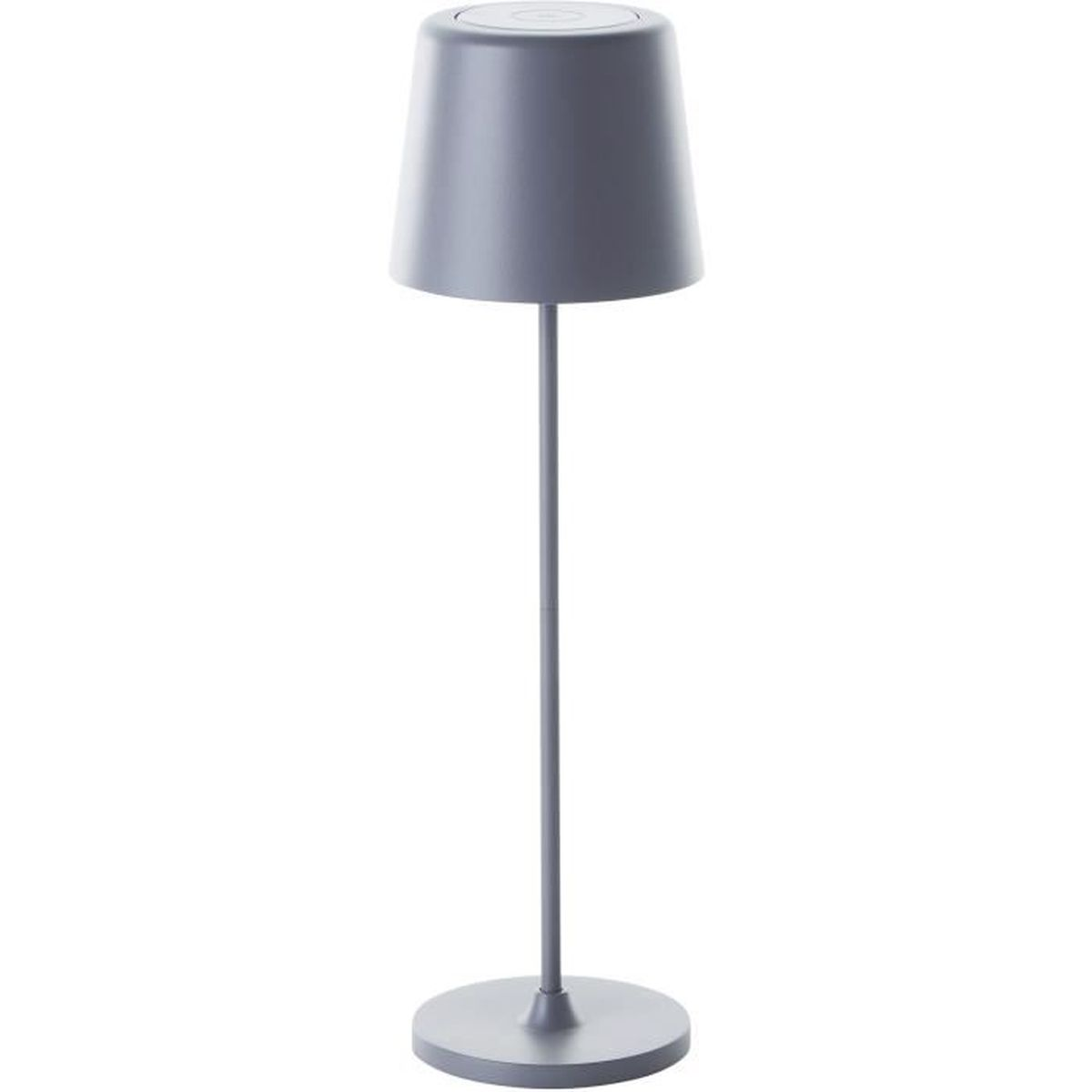 Eine graue moderne Tischlampe mit schlankem Stab und breitem Lampenschirm auf weißem Hintergrund.
