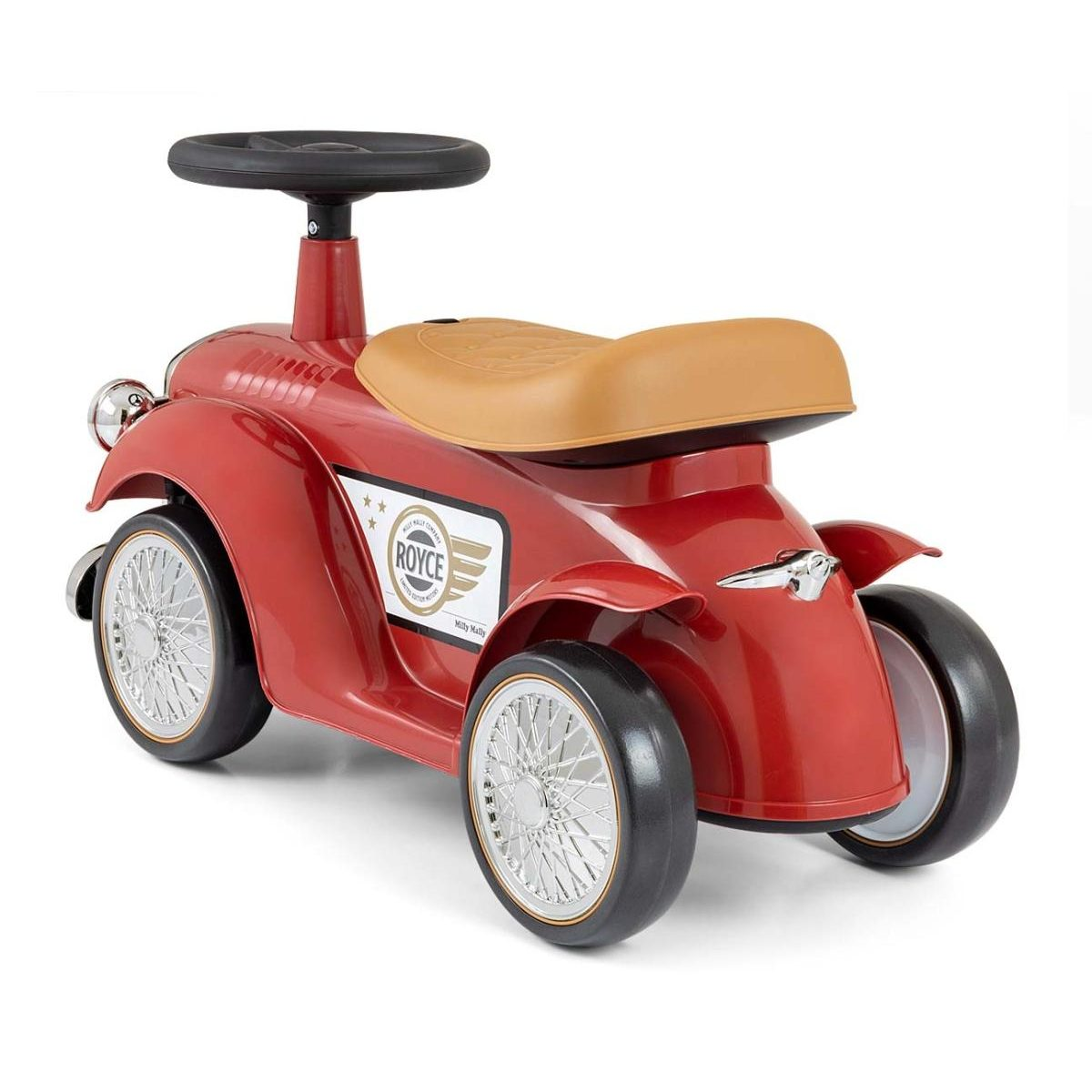 Ein rotes Rutschauto mit braunem Sitz, schwarzem Lenkrad und Speichenrädern vor weißem Hintergrund.